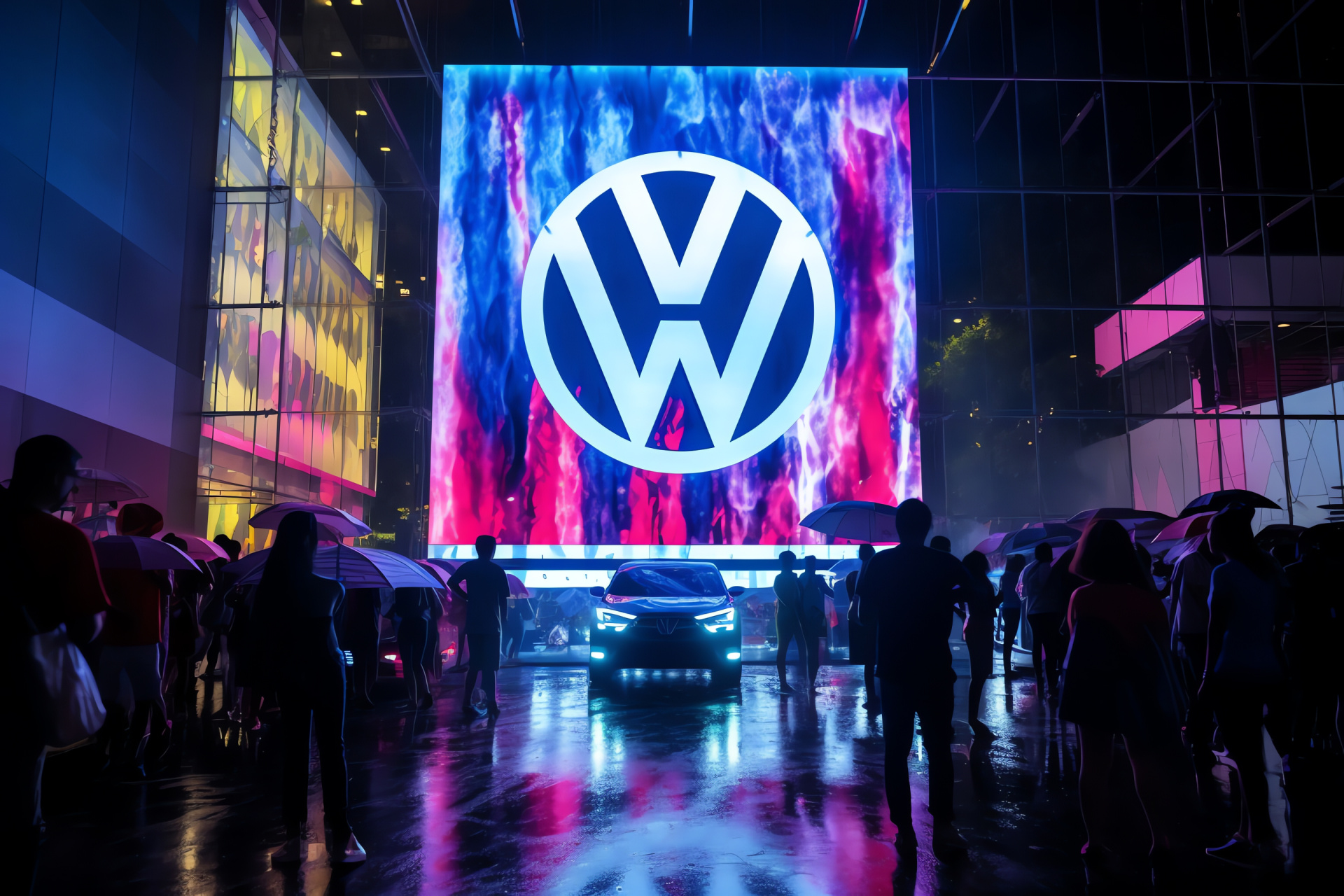 Volkswagen emblem, Bangkok Siam Square, Illuminated signage, Urban advertising, Night-time allure, HD Desktop Image