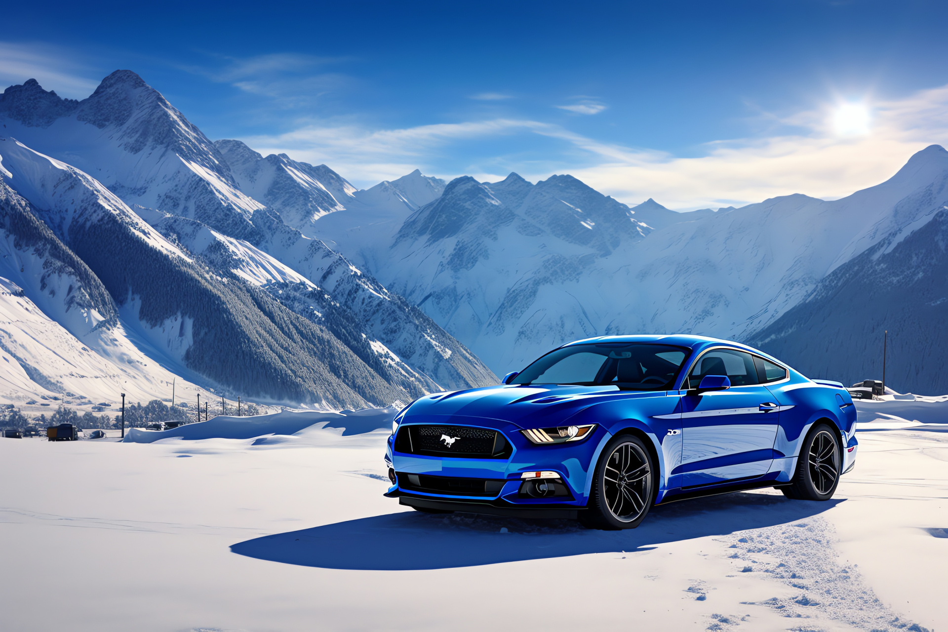 Ford Mustang HD, Swiss Alps tour, wintry mountain terrain, serpentine alpine routes, icy lake vistas, HD Desktop Wallpaper