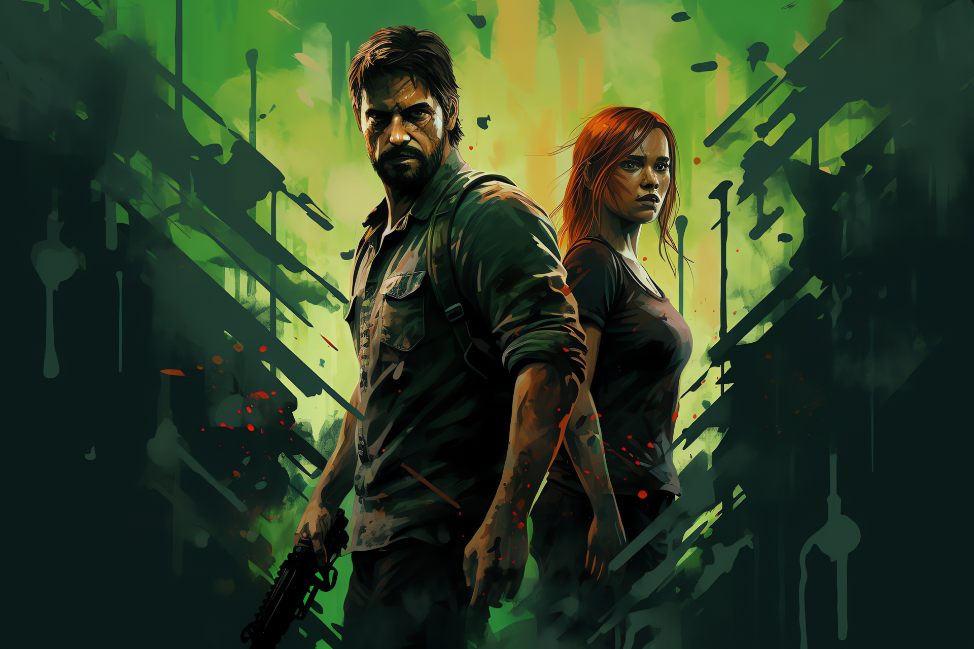 Playstation narrative figures, Joel and Ellie portrayal, Fatigue visual cue, Intense character gaze, Emotional gaming journey, HD Desktop Wallpaper