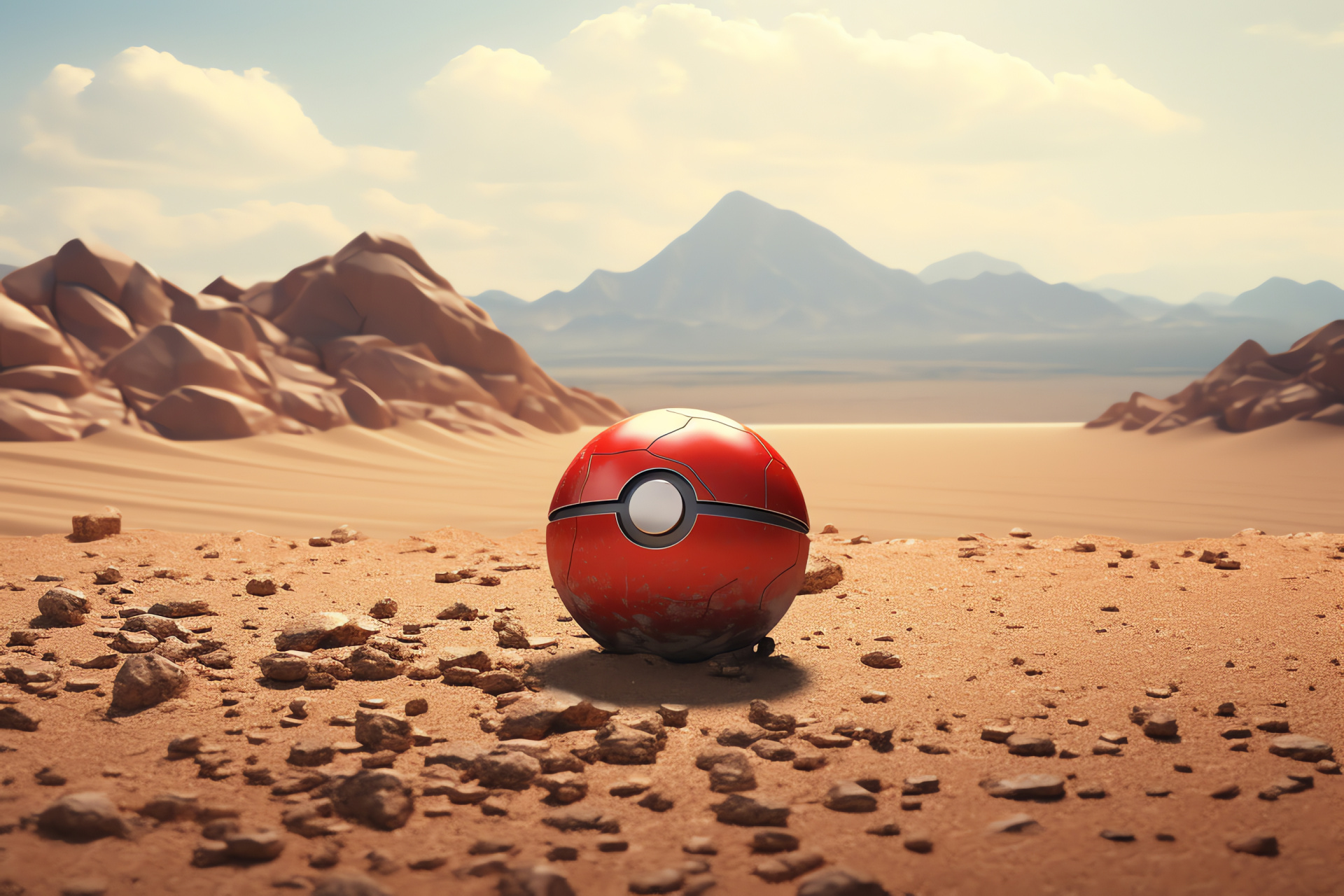 Pokeball in rough terrain, Adventure gaming, Pokemon Trainer challenges, Arid landscape features, Geologic formations in games, HD Desktop Wallpaper