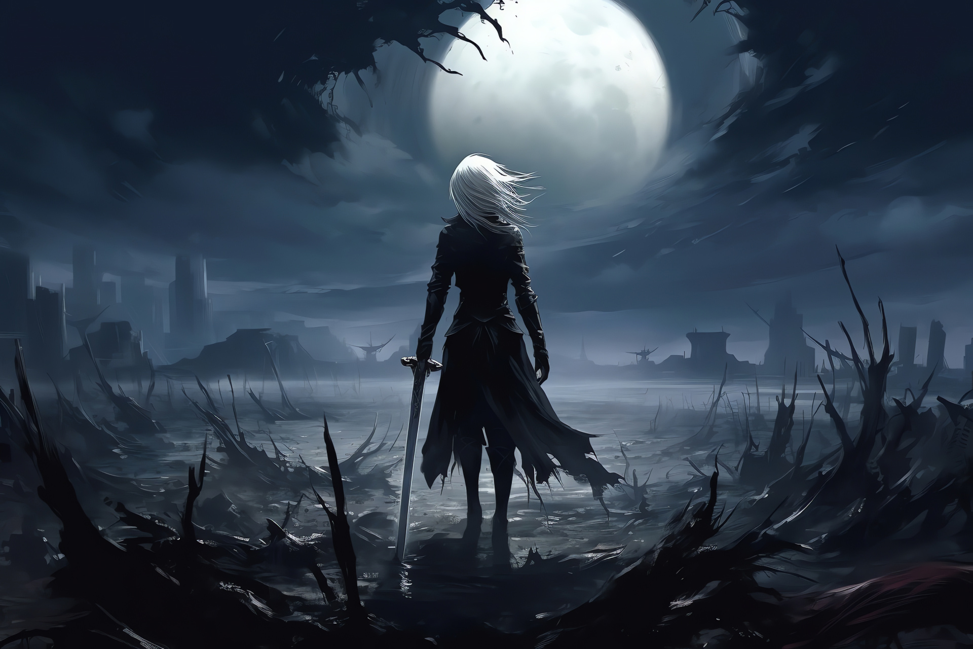 Nier Replicant gameplay, Protagonist's silhouette, Giant scythe weapon, Dark fantasy environment, Engaging action sequence, HD Desktop Wallpaper