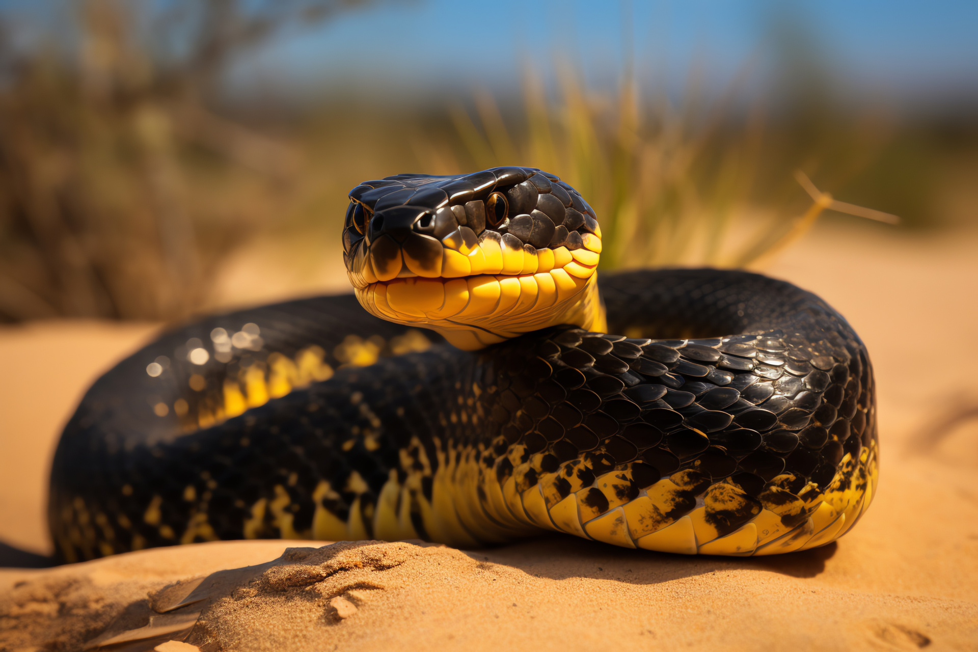 King cobra snake, Cobra black gold pattern, Cobra scaled hood, Reptile desert habitat, Serpent yellow black, HD Desktop Wallpaper