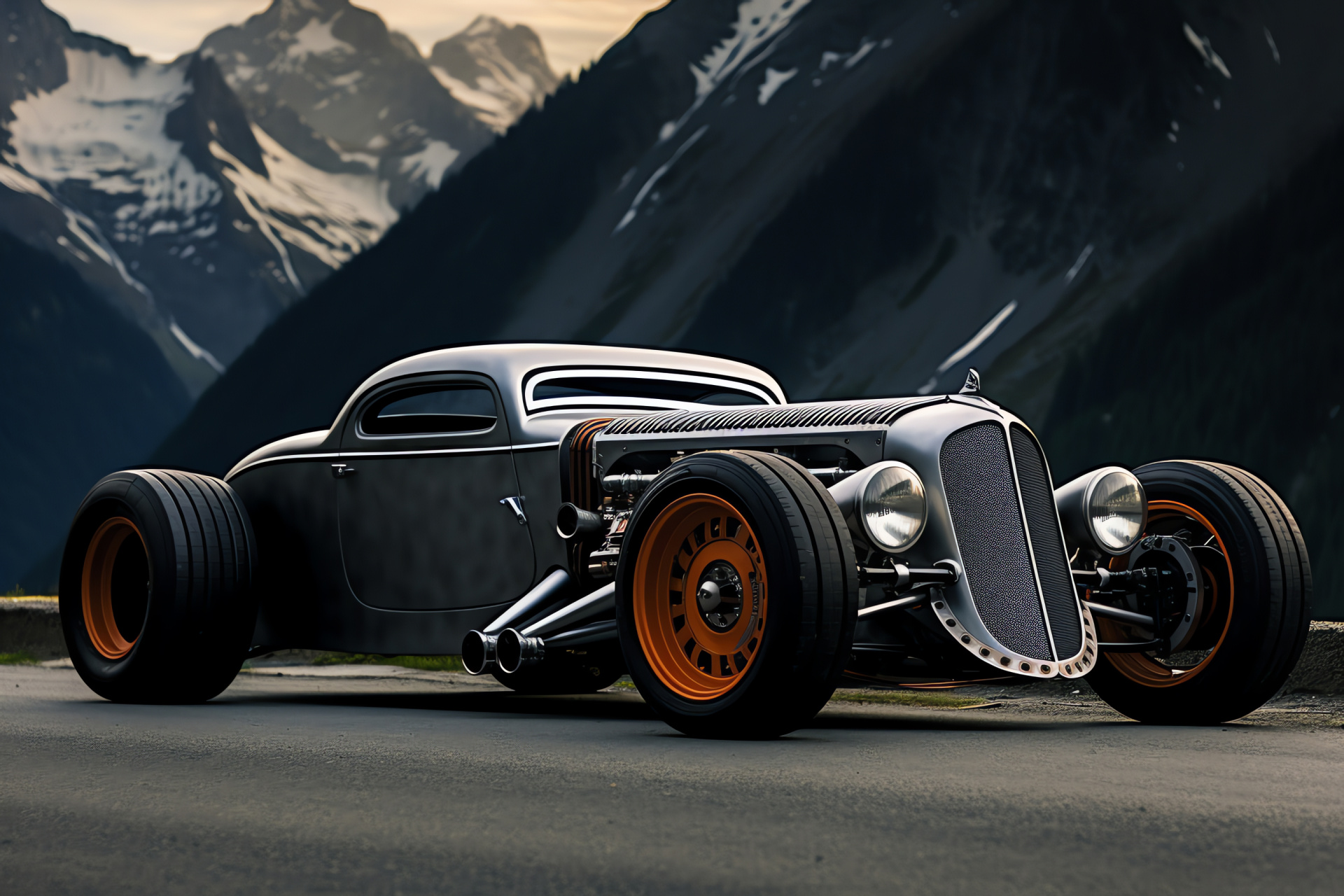 Rat Rod, Swiss highland backdrop, Shiny metal aesthetics, Decorative racing stripes, Mechanical prowess, HD Desktop Image