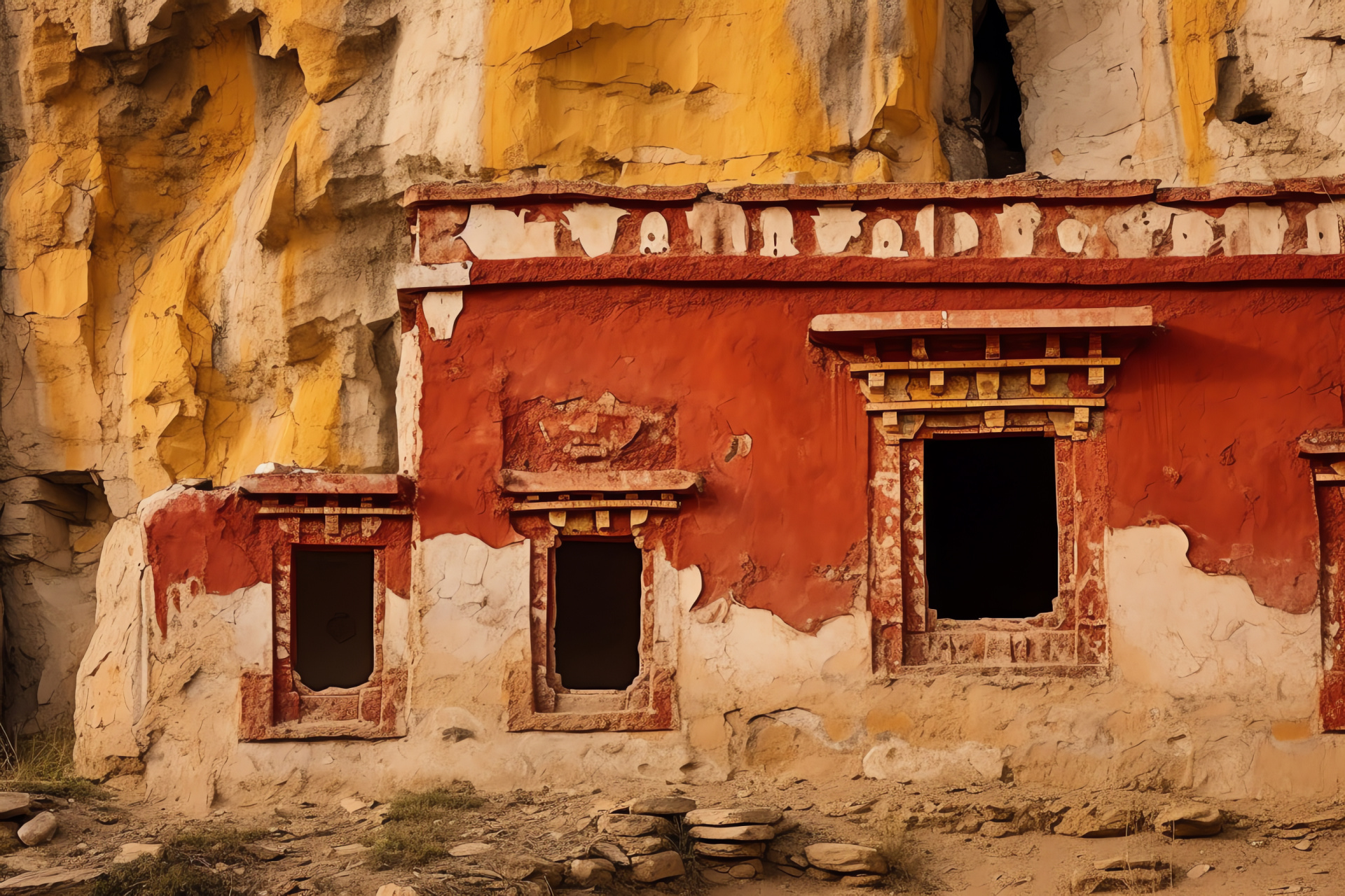 Upper Mustang region, Nepali cave architecture, rock-hewn frescoes, age-old heritage, rustic color palette, HD Desktop Wallpaper