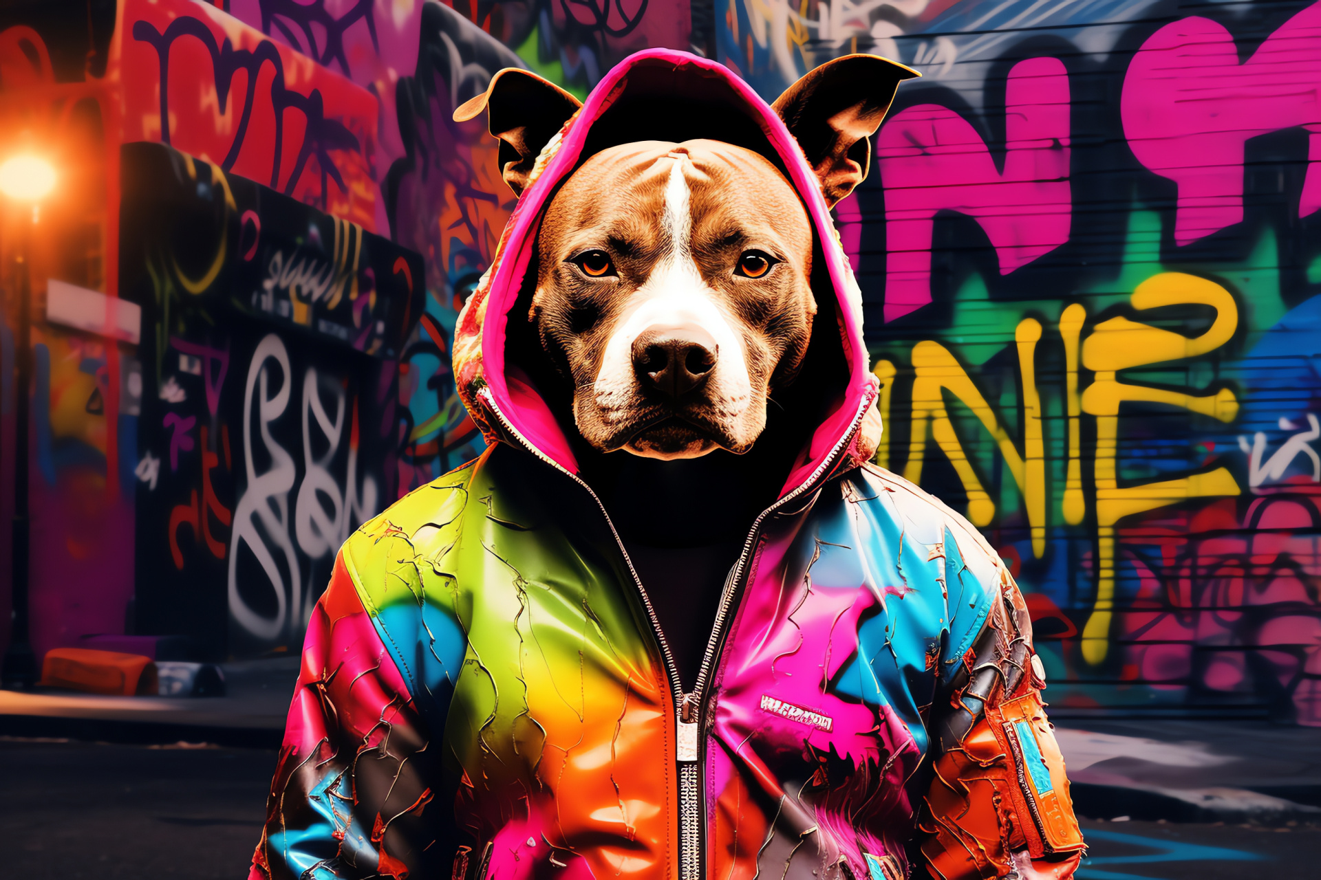 Friendly Pitbull, Urban Canine, Street Art, Dog Enthusiasts, Energetic Breed, HD Desktop Image