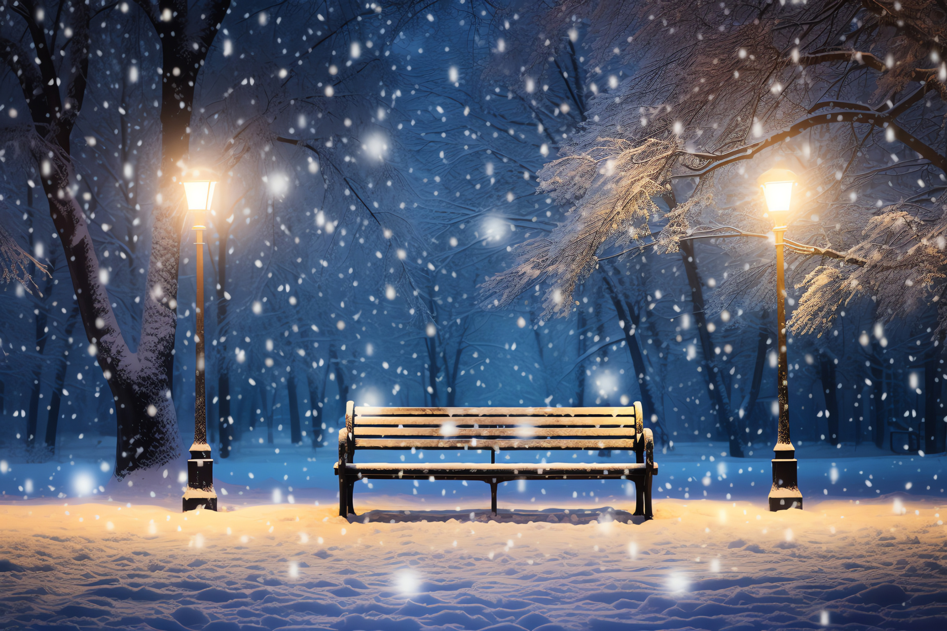 Winter holiday park, Illuminated evenings, Snowy trails, Pristine covers, Festive ambience, HD Desktop Wallpaper