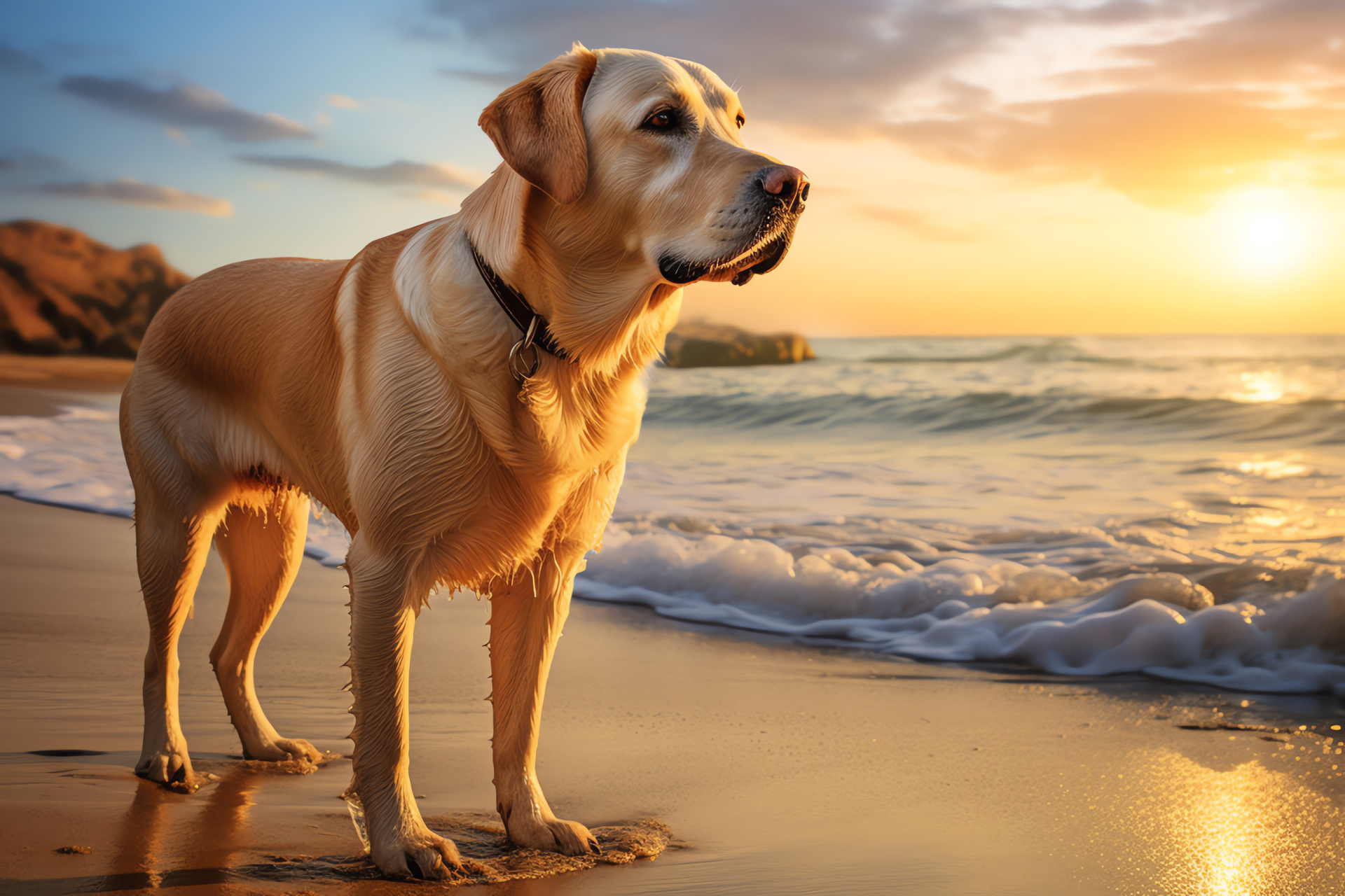 Senior Yellow Labrador, Ocean shores, Gentle canine, Coastline, Pet leisure, HD Desktop Image