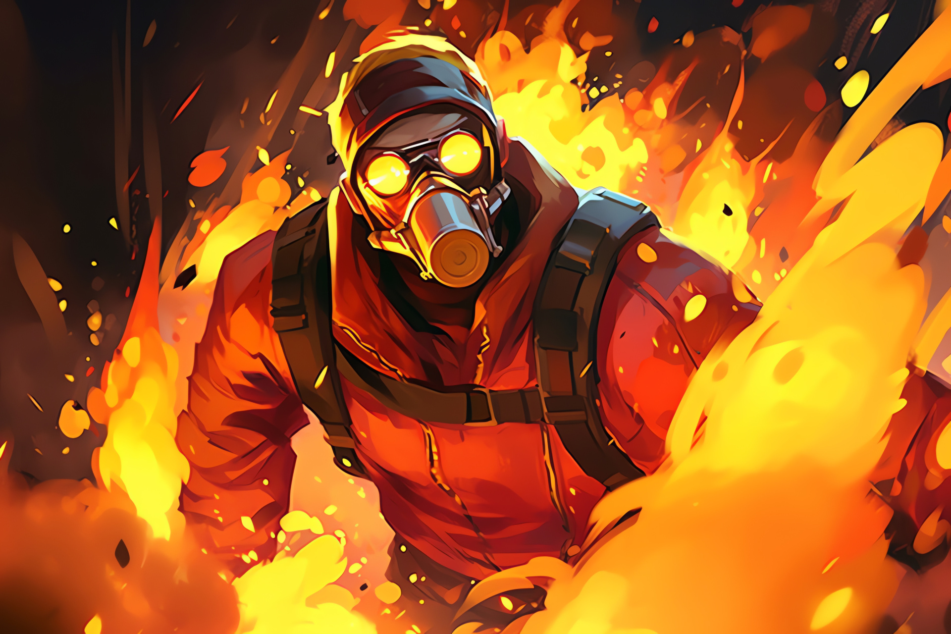 Pyro class, FPS game character, Aggressive combat, Incendiary weapon, Dynamic gameplay, HD Desktop Image