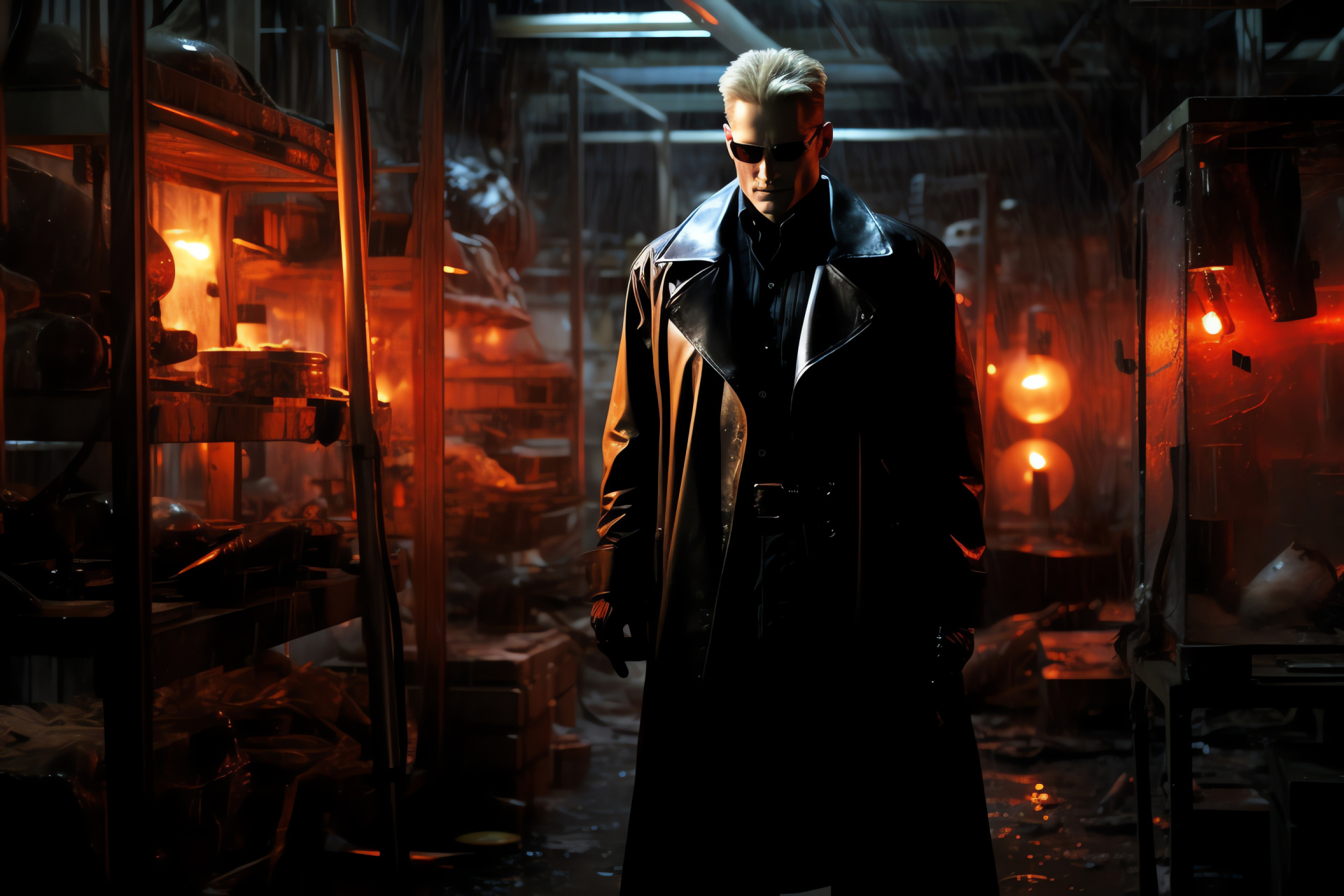 Resident Evil's Albert Wesker, imposing black attire, secret lab setting, high-tech investigative tools, HD Desktop Wallpaper