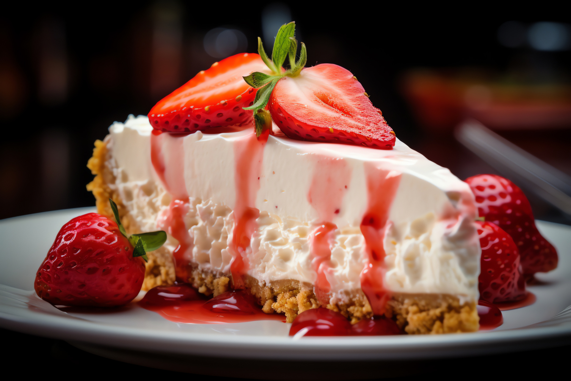 Strawberry cheesecake slice, Dessert presentation, Indulgent layers, Cookie crumb base, Berry garnish, HD Desktop Wallpaper