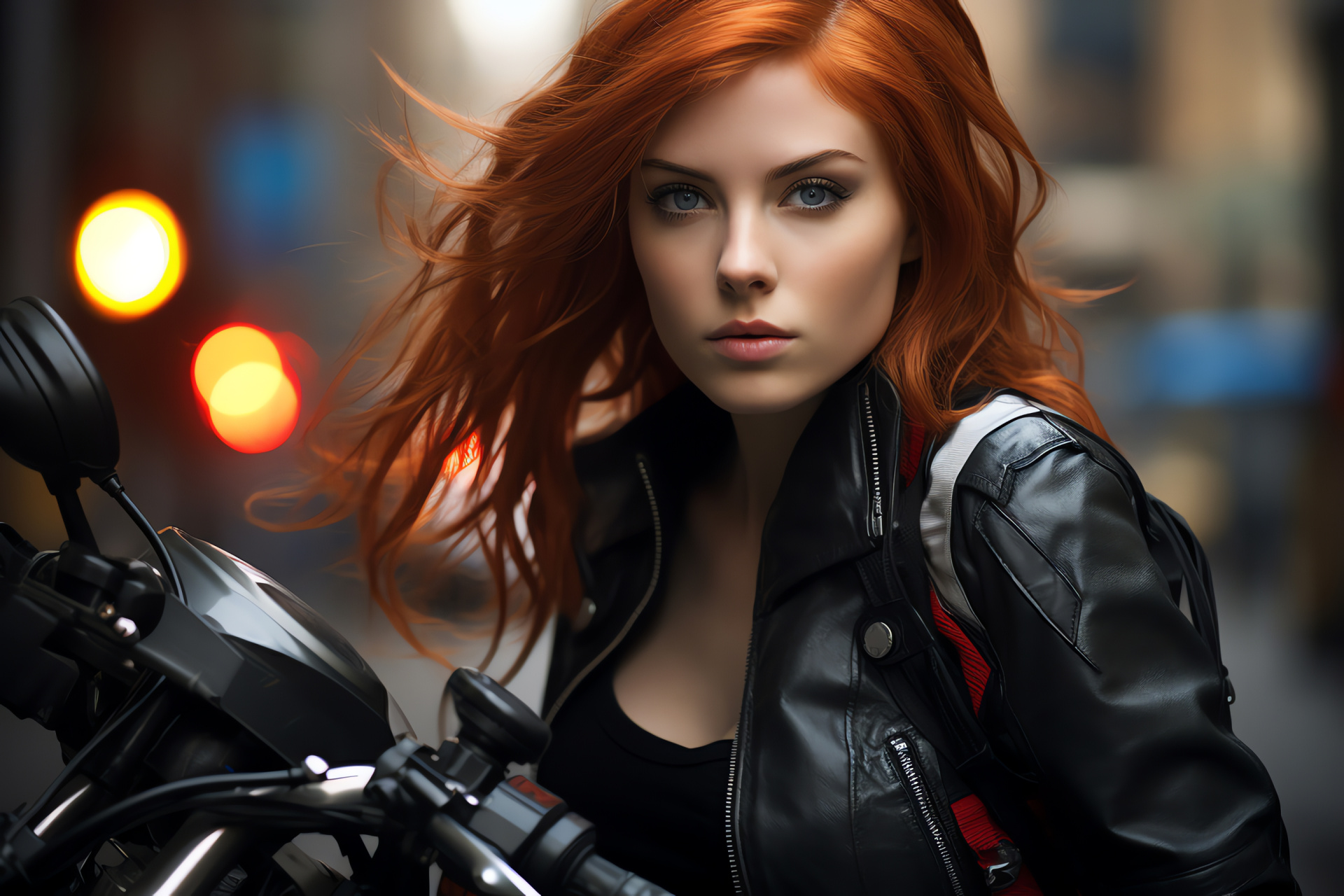 Motorcycle female with fiery locks, Urban biker style, City center backdrop, Landmark-rich exploration, Street riding passion, HD Desktop Image