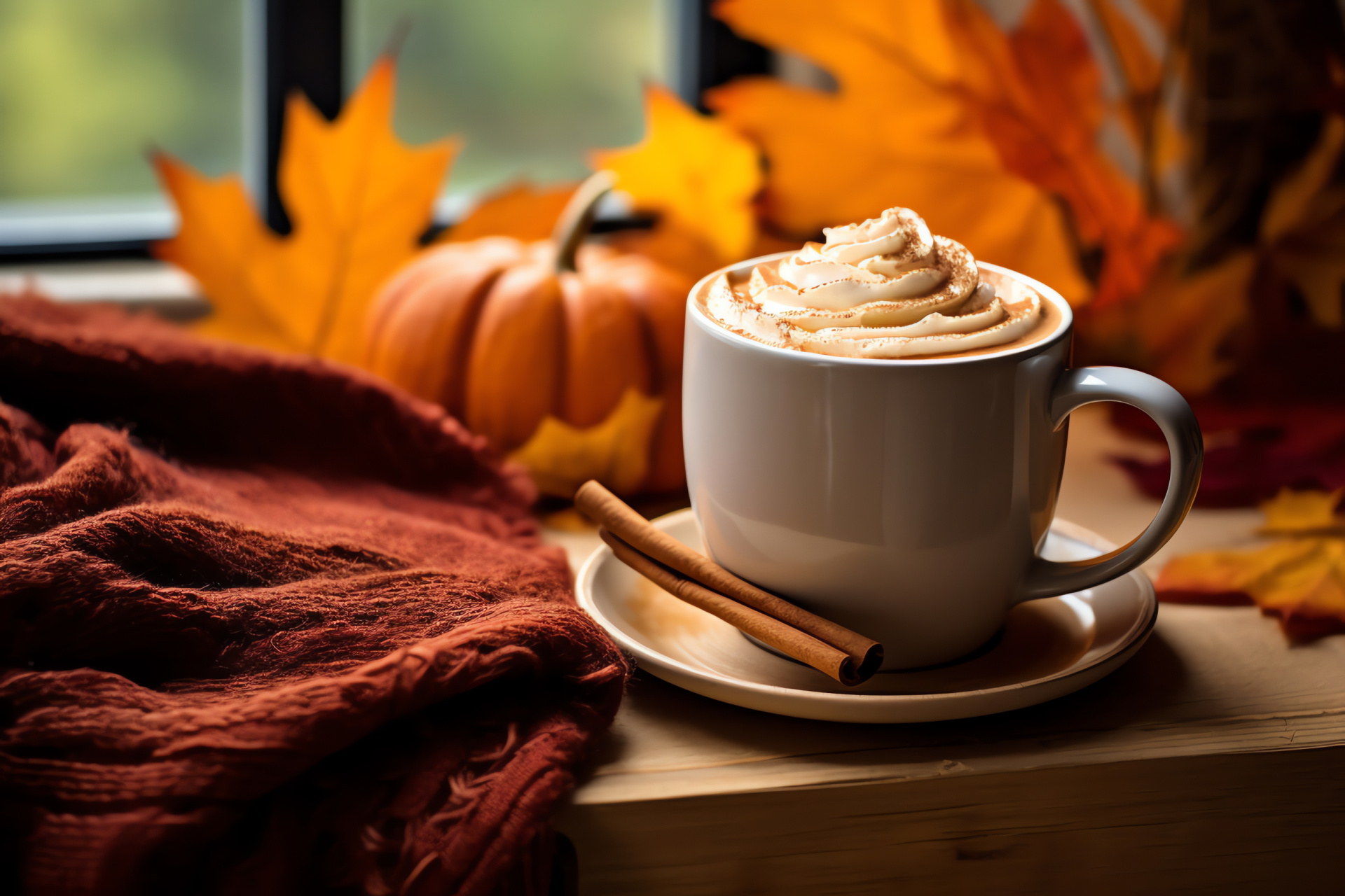 Autumn beverage, cozy drink, seasonal spices, fallen foliage, warm textiles, HD Desktop Image