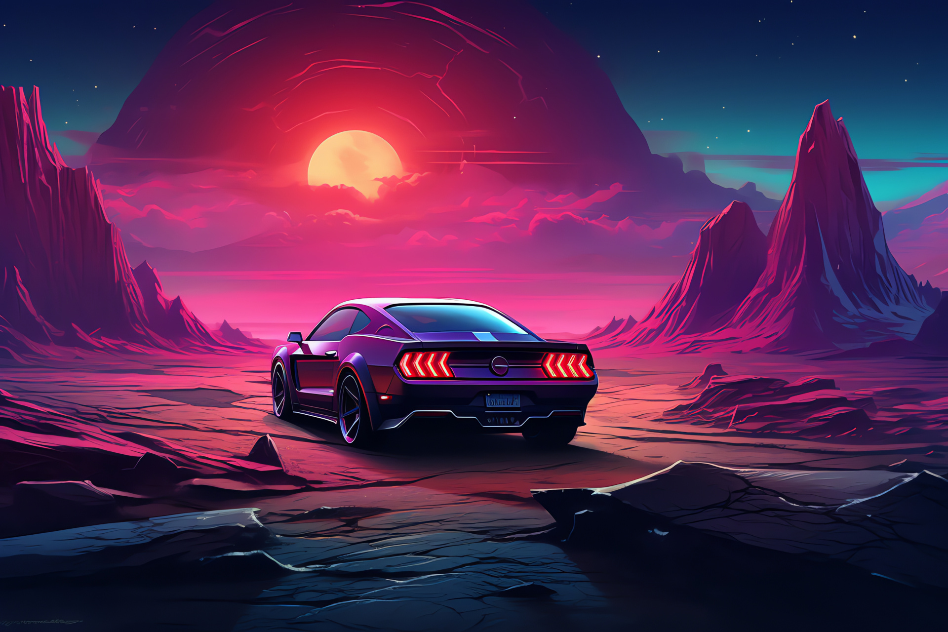 Ford Mustang venture, Alien terrain auto, Mustang triple color display, Car in exploration mode, Sci-fi landscape, HD Desktop Wallpaper