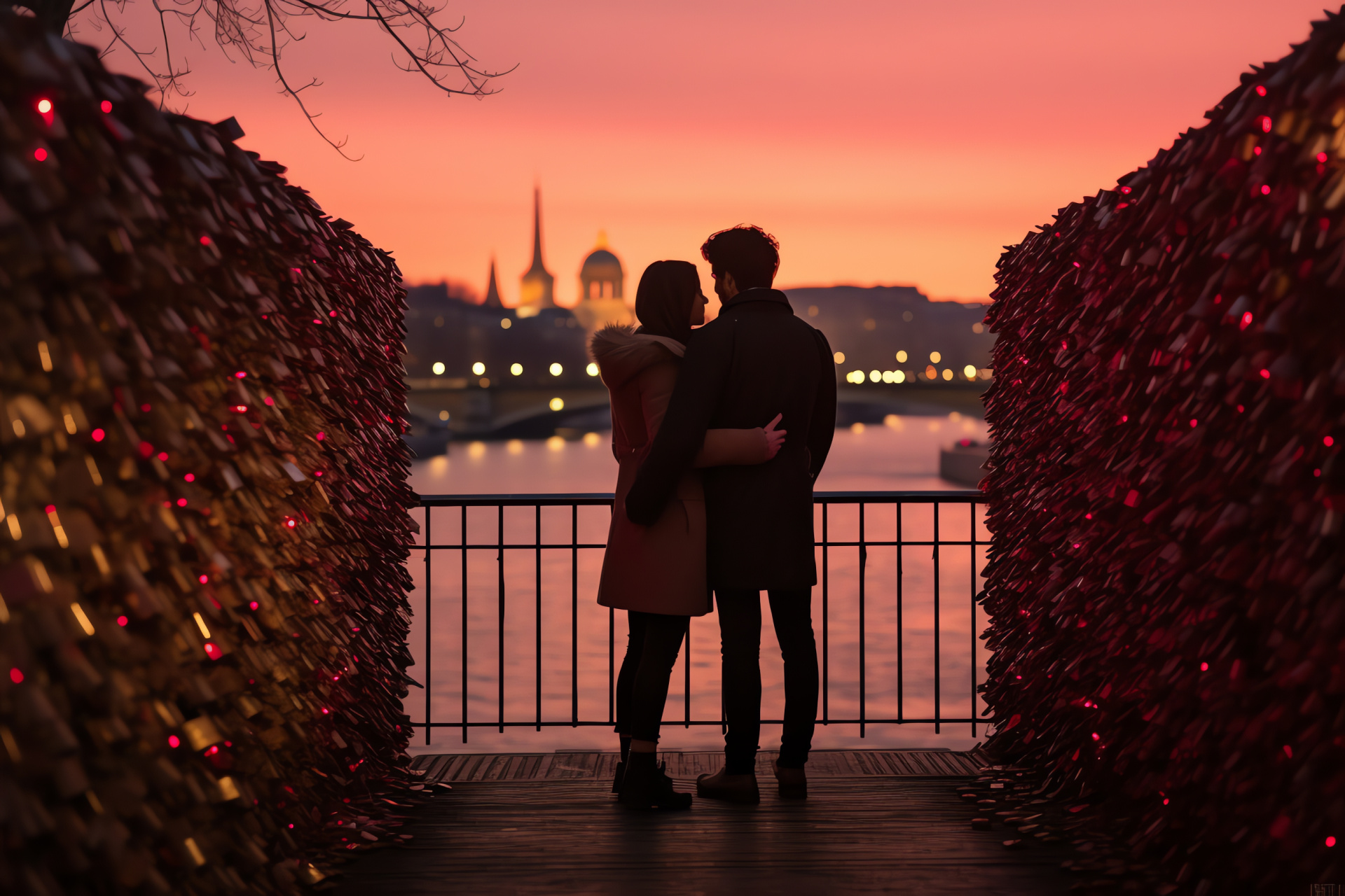 Hearts day, Festive occasion, French capital, Lovers' bridge, Padlocks symbol, HD Desktop Image