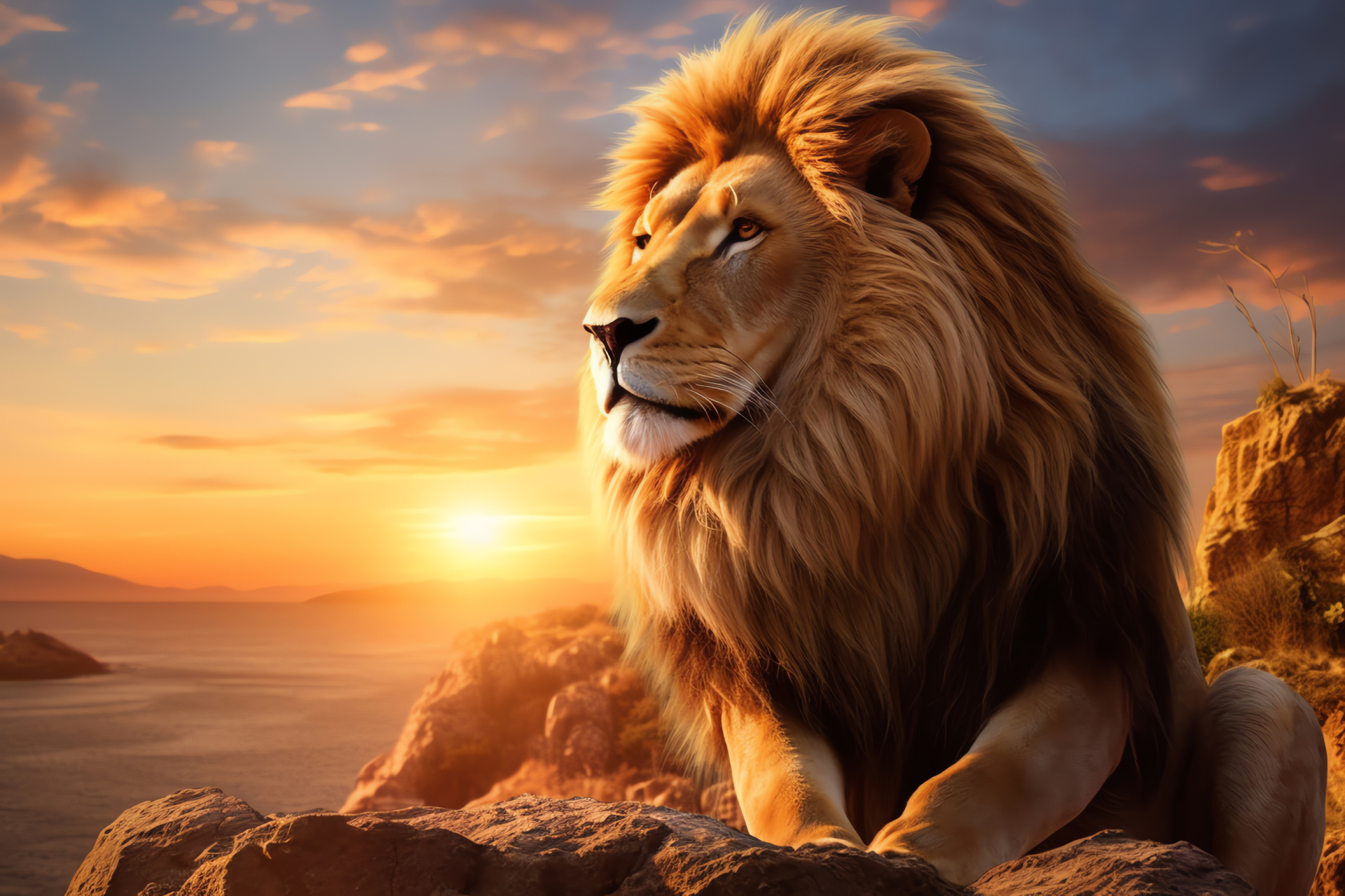 Aslan figure, Mythical beast, Chronicles of Narnia, Epic landscape, Majestic river, HD Desktop Image