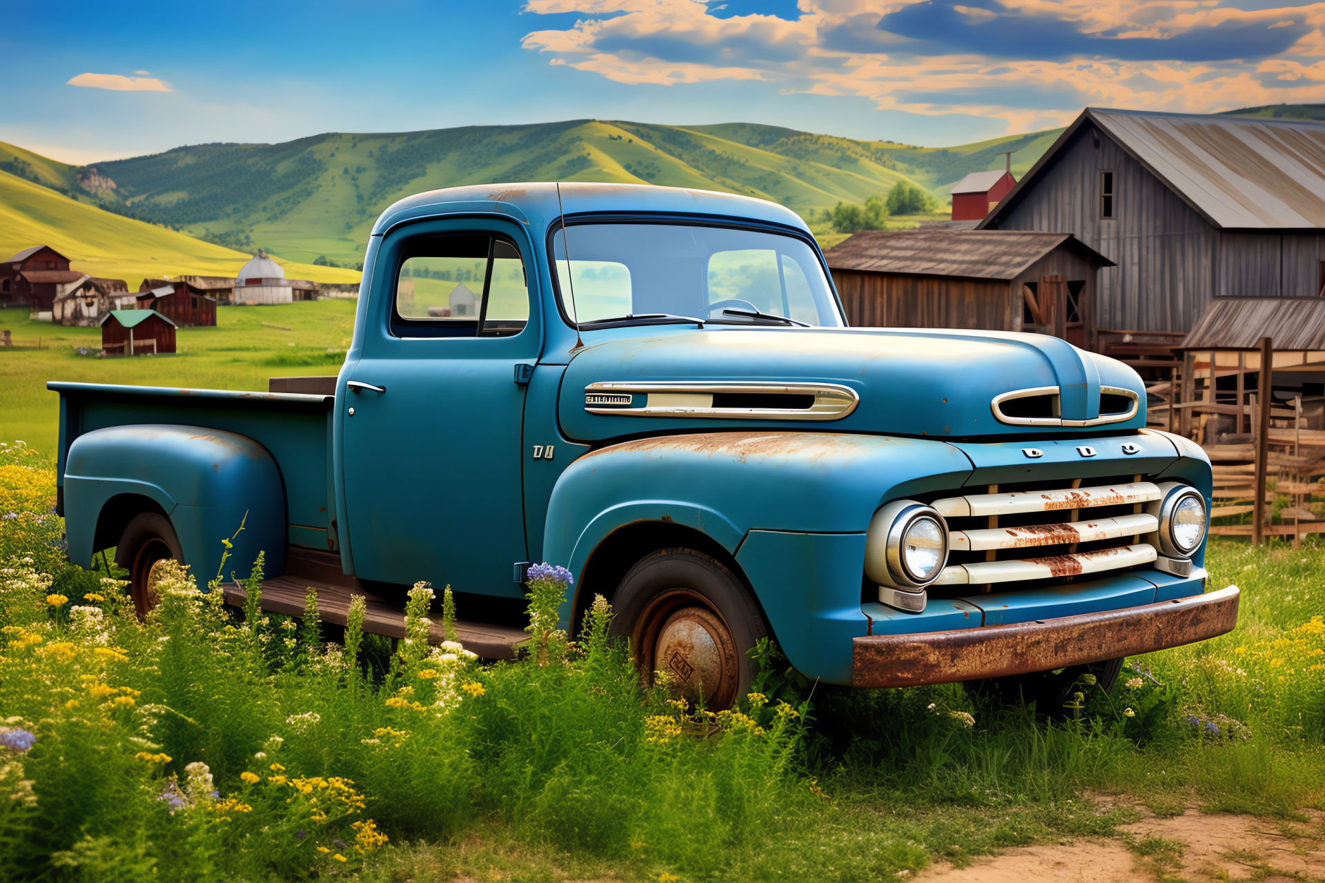 Ford Classic Pickup, Village scenery, Country homestead, Timber flatbed, Sky-blue tint, HD Desktop Wallpaper