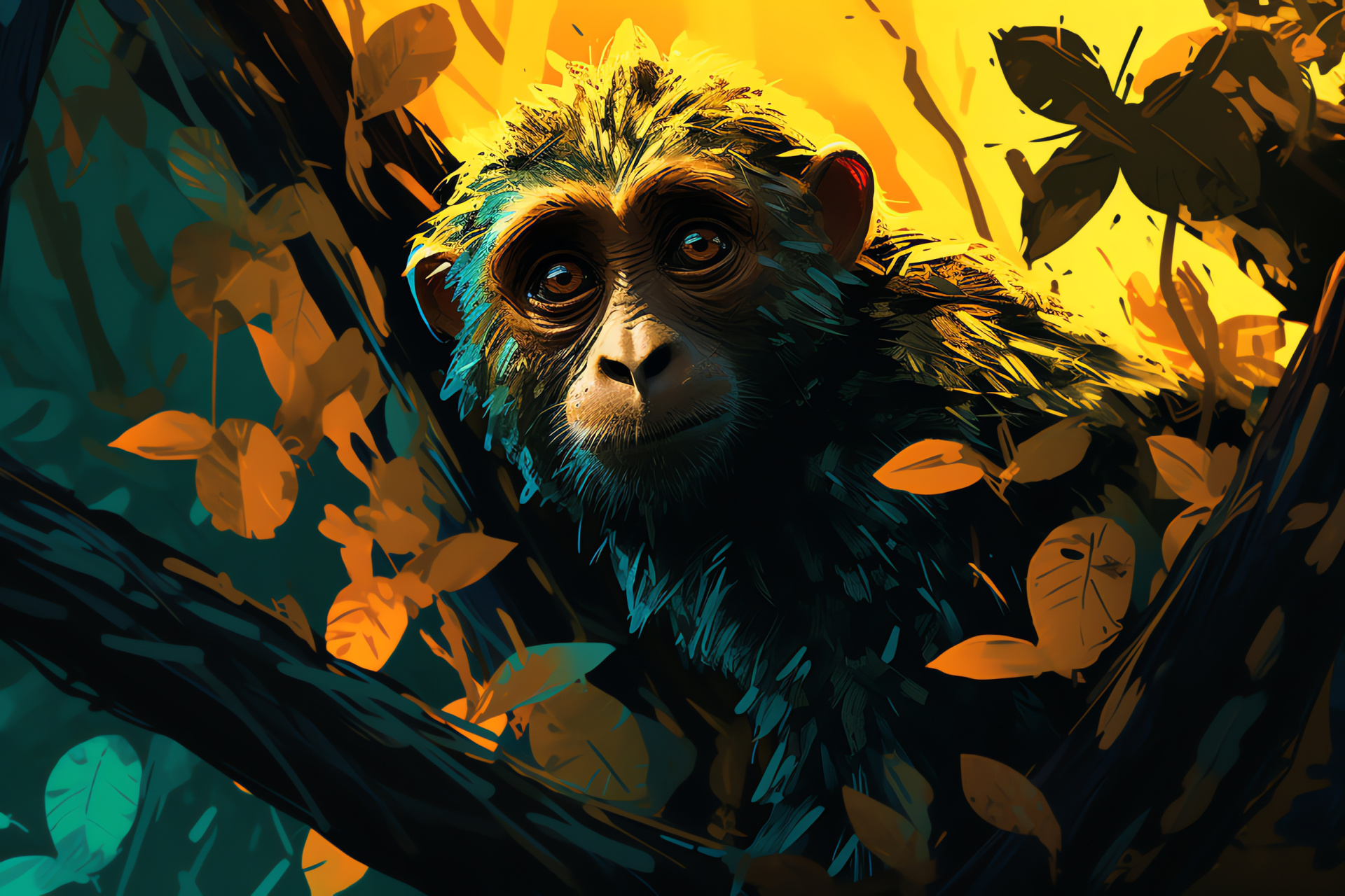 Primate tracks, deep-set eyes, earth-toned fur, vine textures, jungle biome, HD Desktop Wallpaper