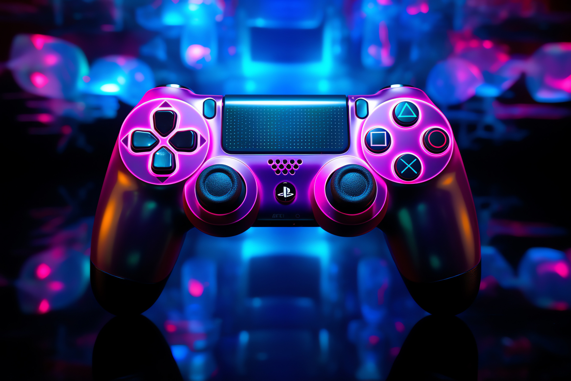 Sony game controller, Bi-colored backdrop, Luminous game play, Dynamic gaming, Controller vibrancy, HD Desktop Image