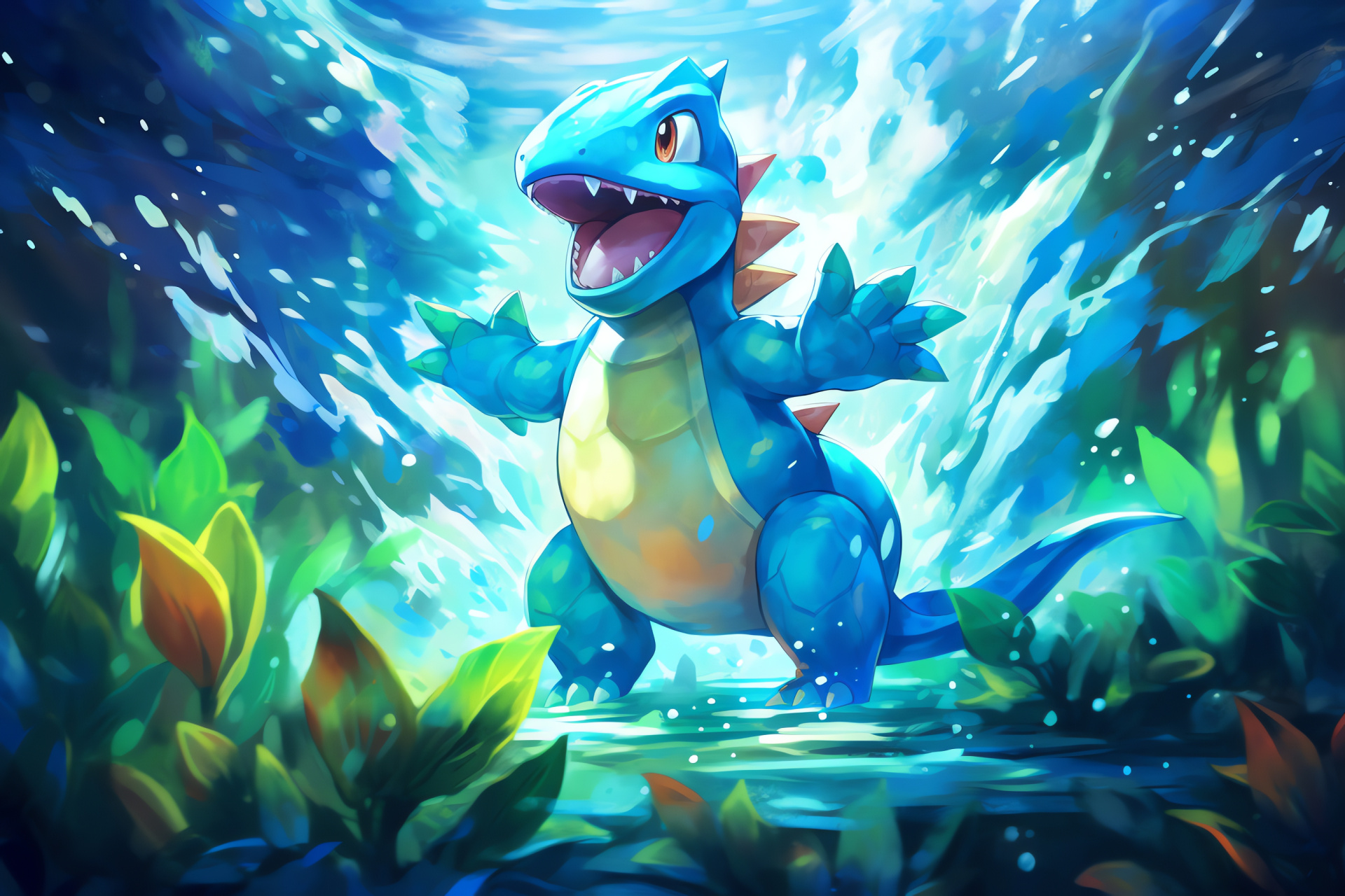 Totodile action, Dynamic Pokmon battle, Water-type moves, Pokmon Anime, Video game creature, HD Desktop Image