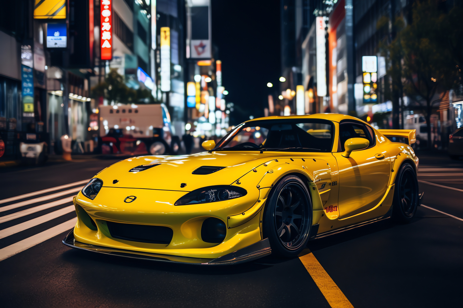 Veilside RX-7 in Shibuya, Vibrant urban life, Tuning culture Japan, Attention-grabbing color, Dynamic automotive lines, HD Desktop Image