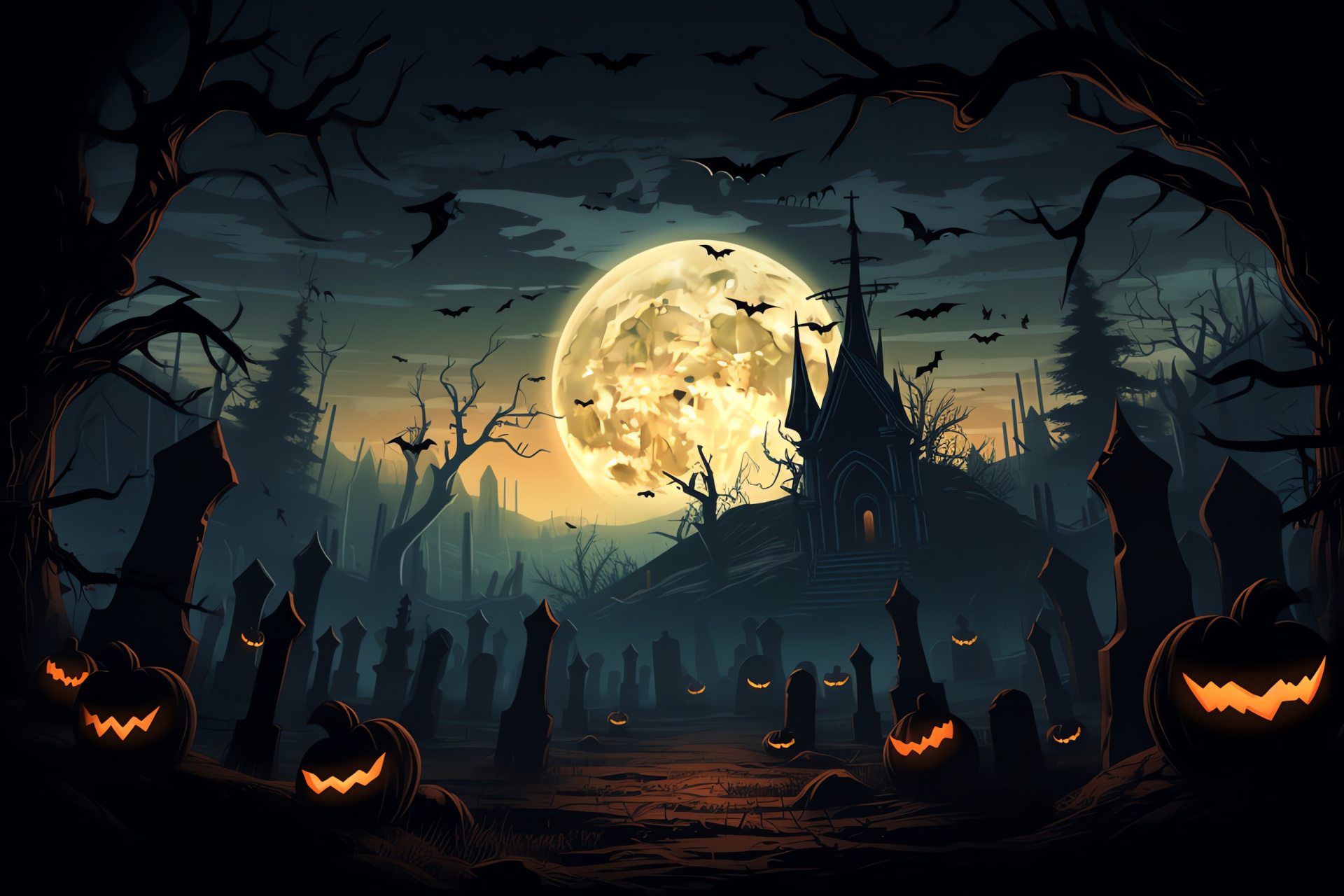 October 31st celebration, lunar phase, burial ground, memorial stones, carved pumpkins, HD Desktop Wallpaper