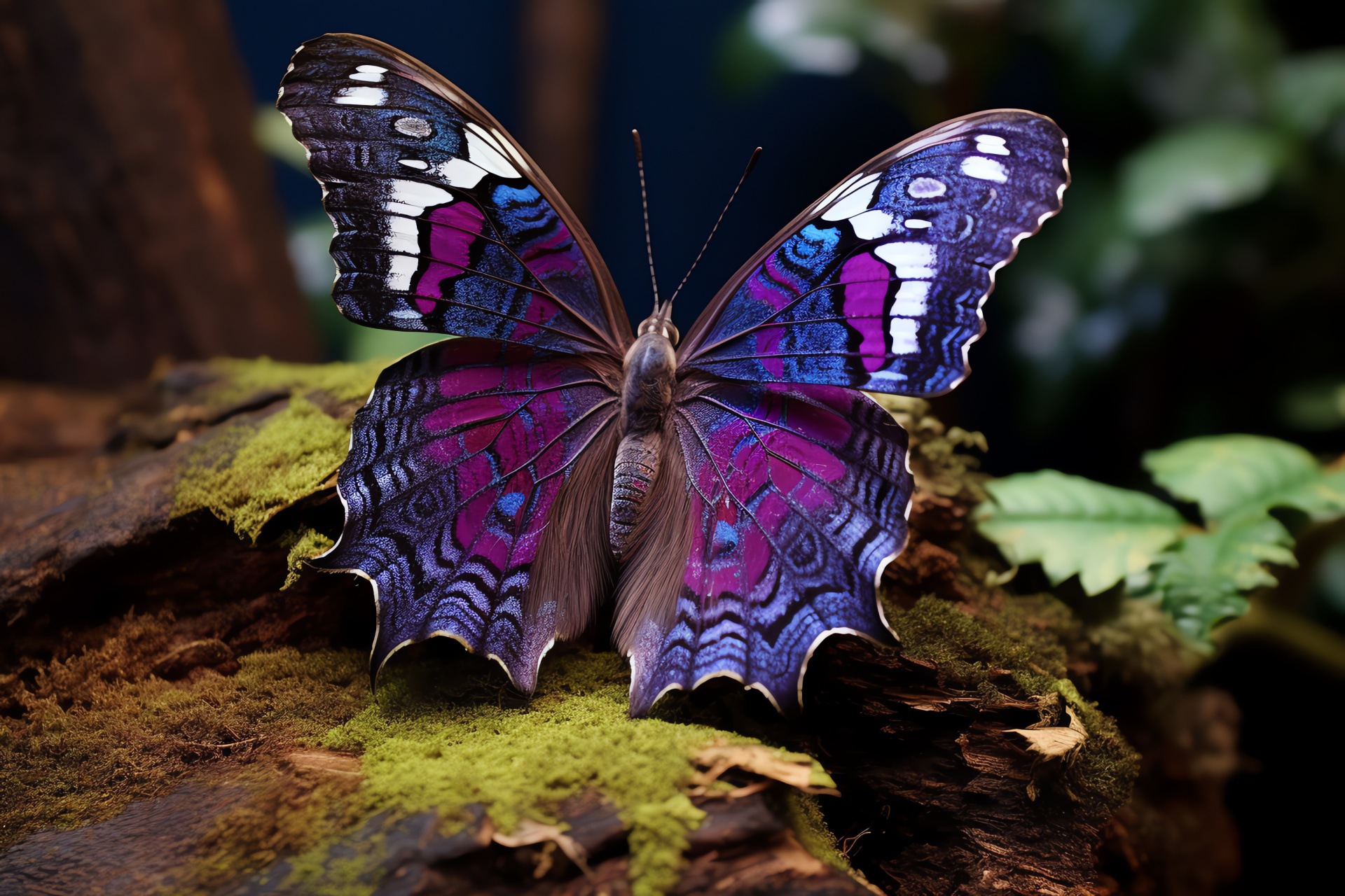 Purple Emperor majesty, lustrous shades, mossy perch, dense forest, regal bearing, HD Desktop Image