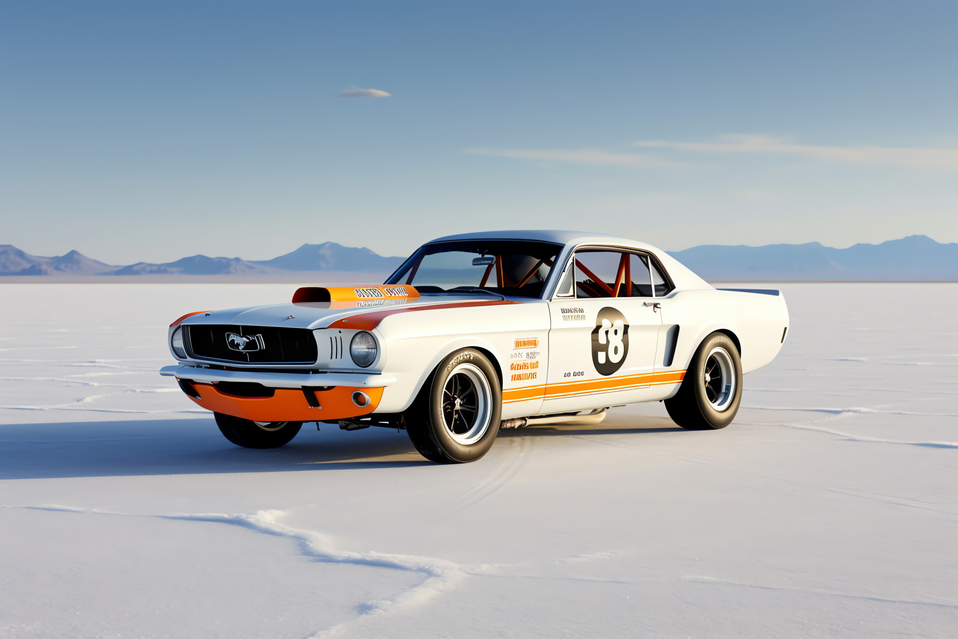 Mustang HD on Salt Flats, Bonneville high-speed testing, Pristine racing surface, Expansive flat terrain, Speed trial environment, HD Desktop Wallpaper