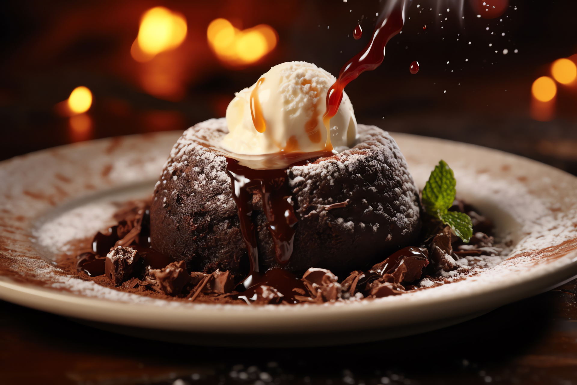 Gourmet lava cake, Molten chocolate center, Scoop of vanilla cream, Elegant white dish, Confectioners' sugar garnish, HD Desktop Wallpaper