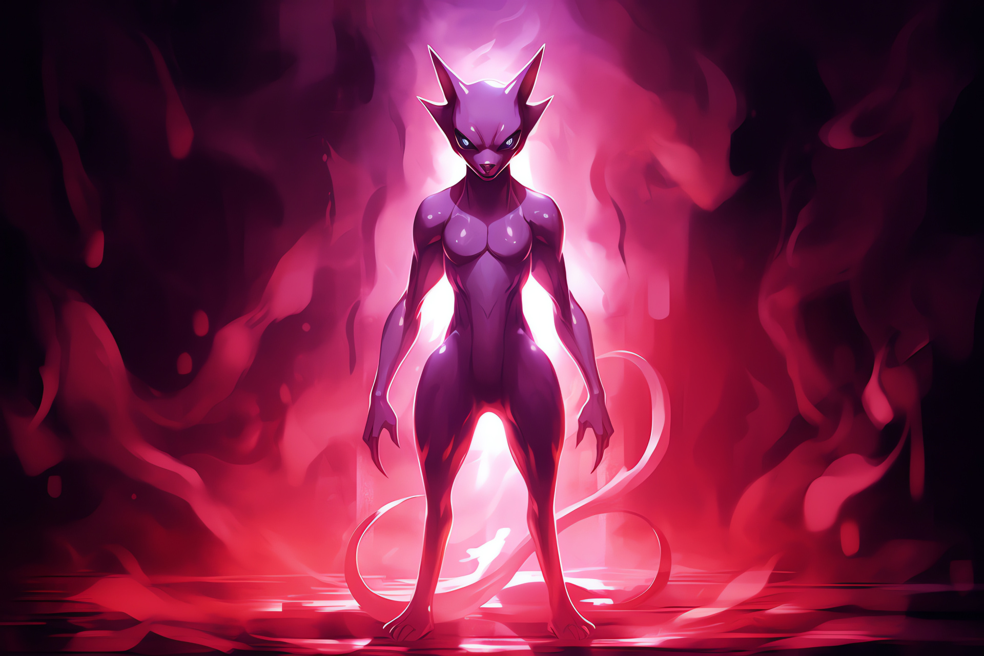 Genetic Pokmon Mewtwo, Mysterious presence, Striking gaze, Psychic power manifestation, Animated creature, HD Desktop Image