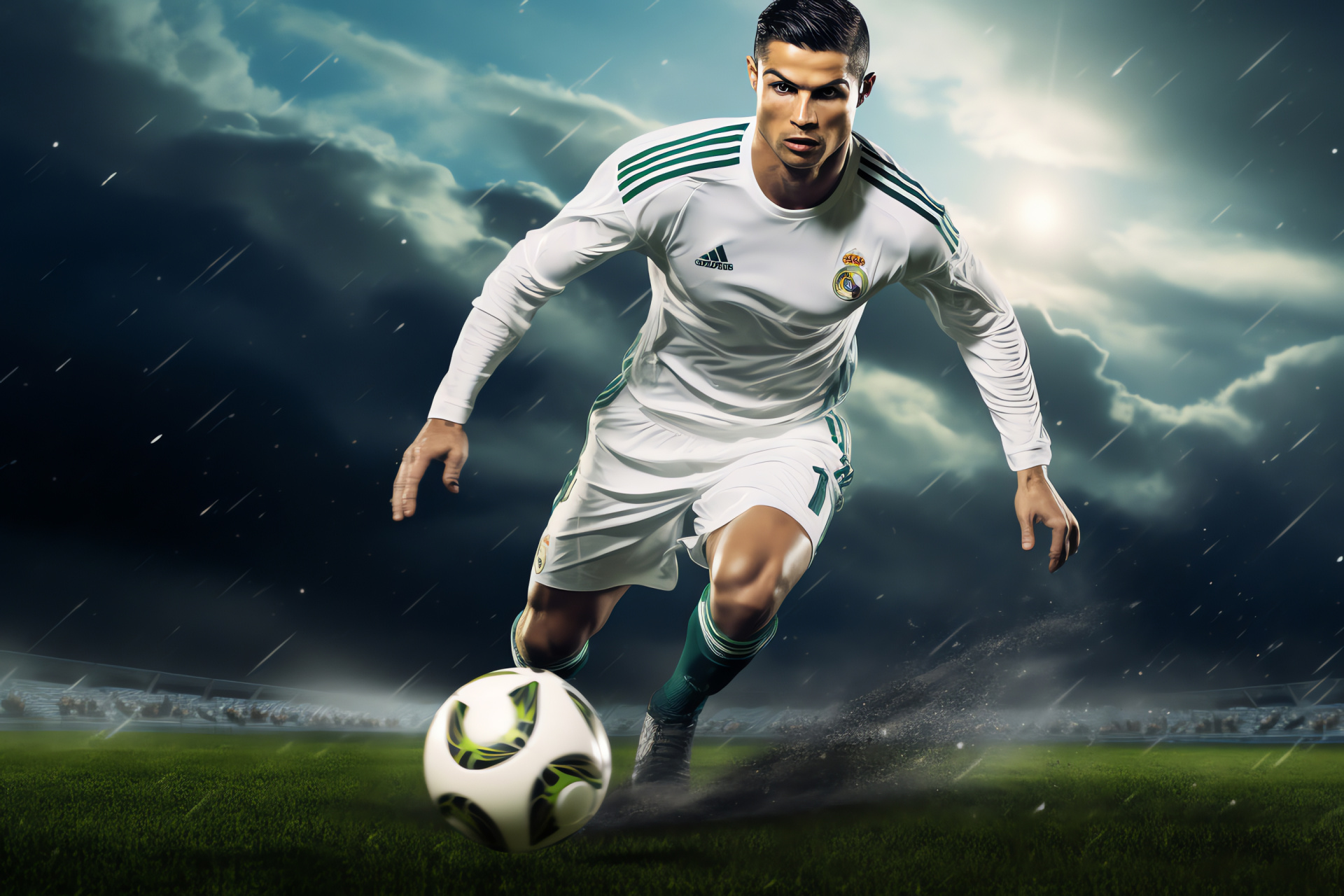 Focused Cristiano Ronaldo, Soccer serious, Athletic determination, Player sweat, Match concentration, HD Desktop Image