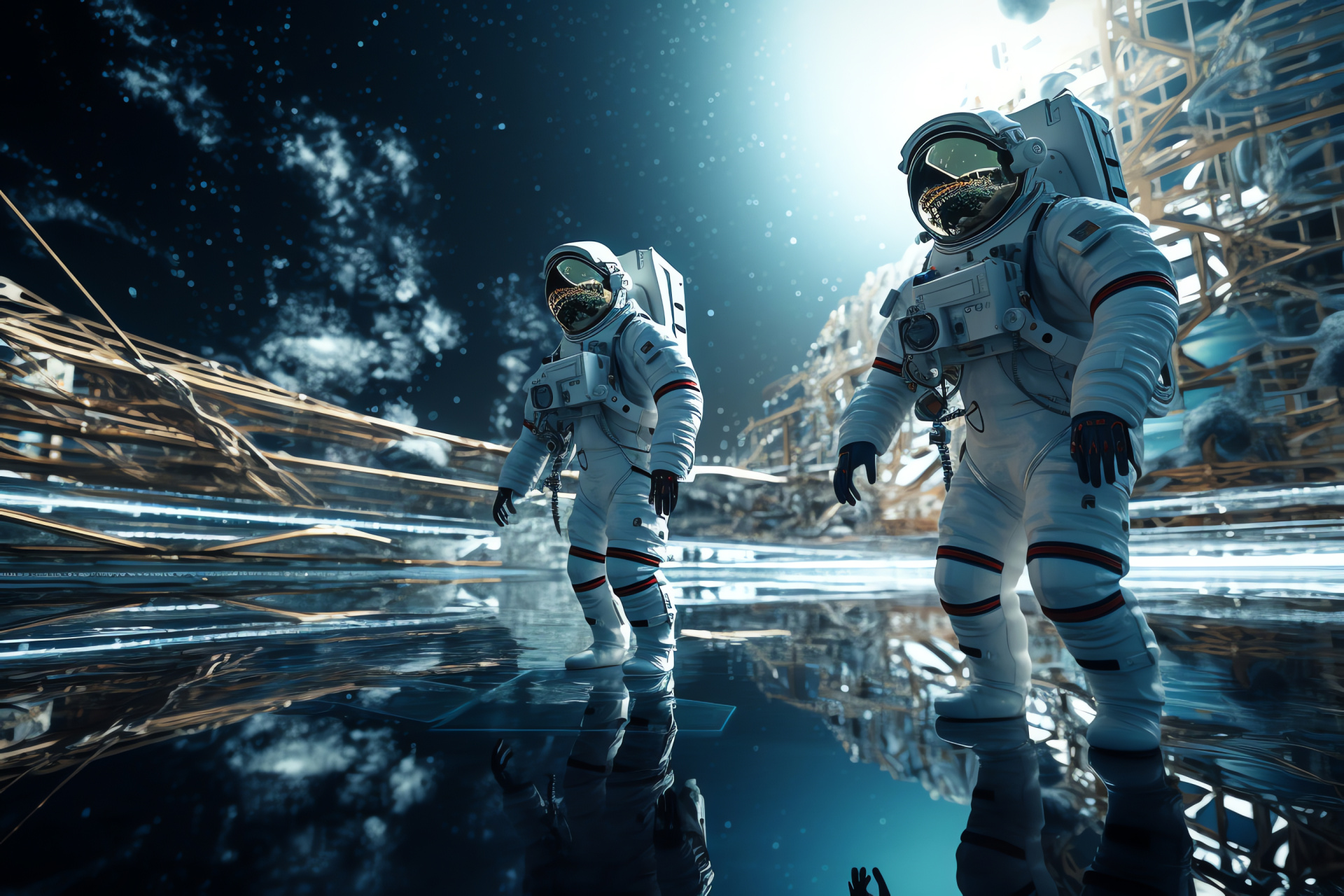 Orbital platform, Extravehicular activity, Space exploration gear, Vacuum-suited astronauts, Orbital mechanics, HD Desktop Image