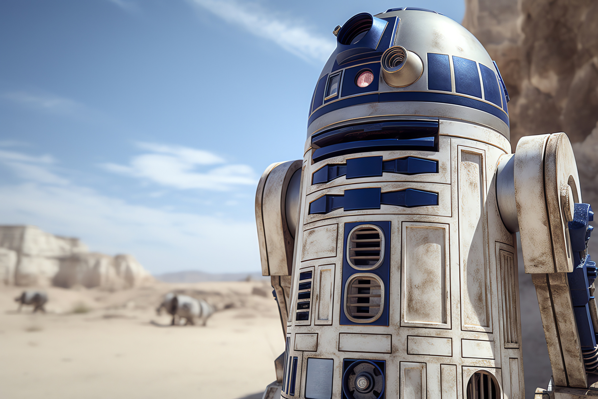 Beloved R2-D2, Saga of Skywalker, Mechanical companion, Sandy landscape, Intergalactic saga, HD Desktop Wallpaper