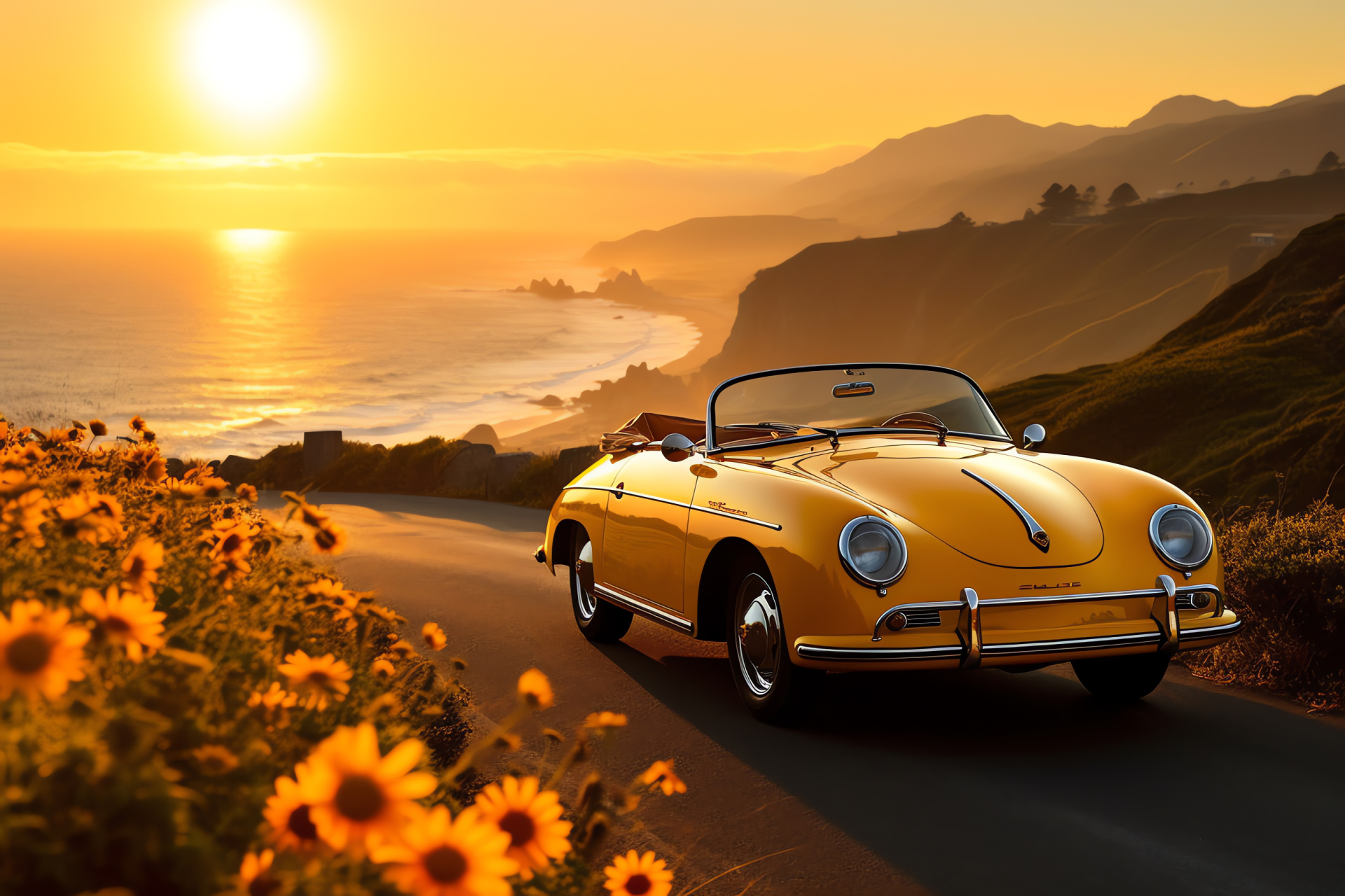 Vintage Porsche 356 vehicle, California coastal journey, Speedster model, Oceanic backdrop, Historic vehicle, HD Desktop Wallpaper