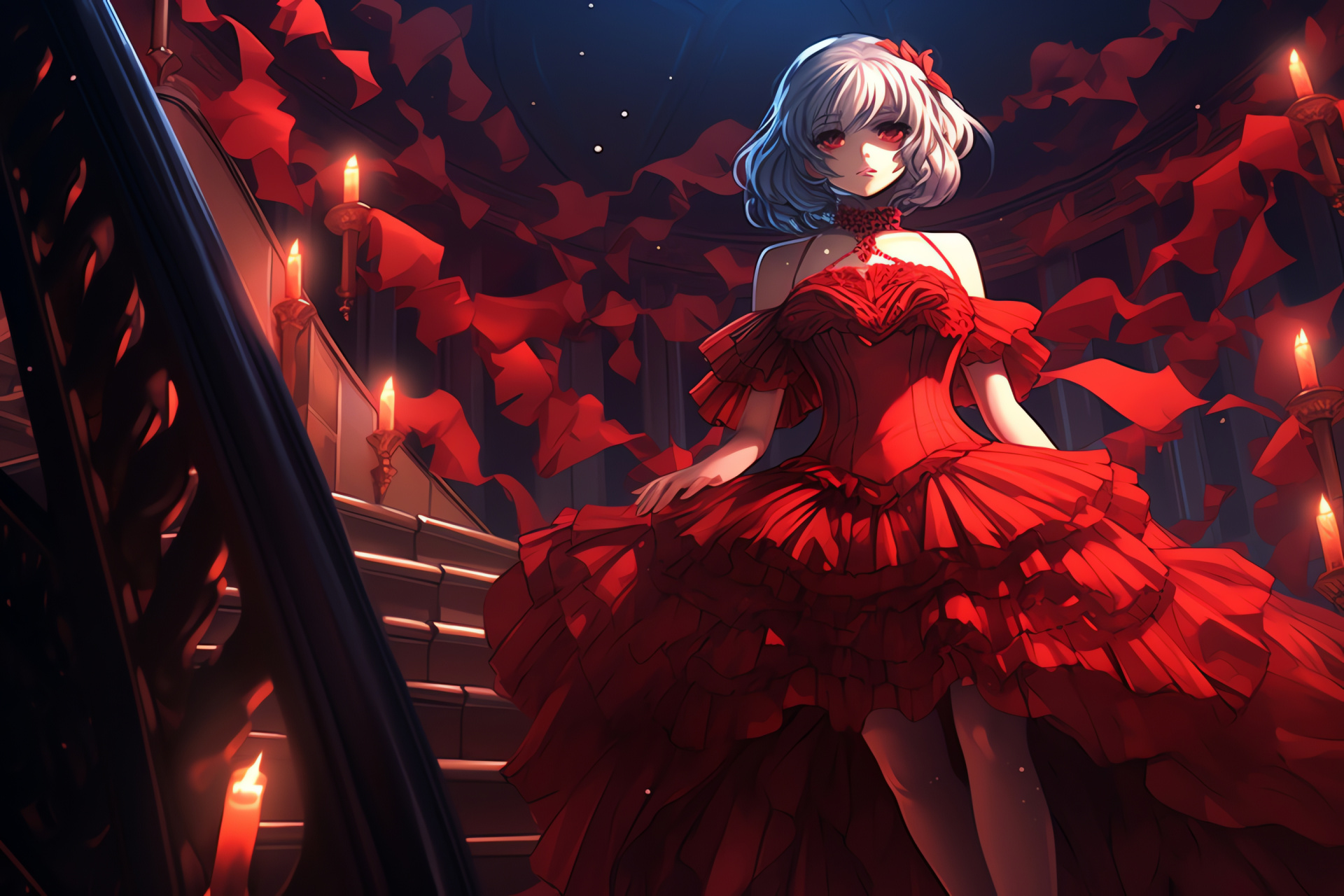 Remilia Scarlet figure, Scarlet Devil Mansion interior, Grand stairway feature, Opulent red drapery, Aristocratic ambience, HD Desktop Wallpaper