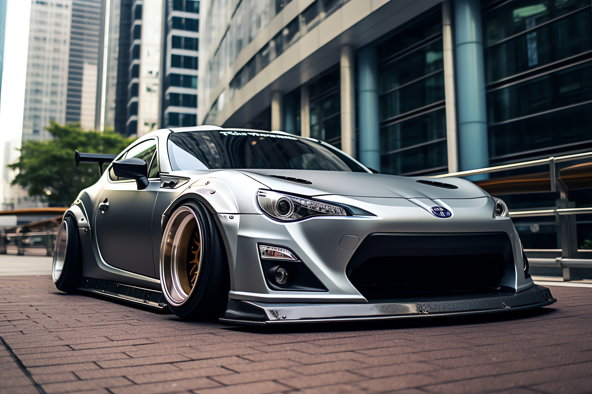 High-performance Scion FRS, Tokyo business quarters, Rocket Bunny version, Urban architecture, Professional setting, HD Desktop Wallpaper