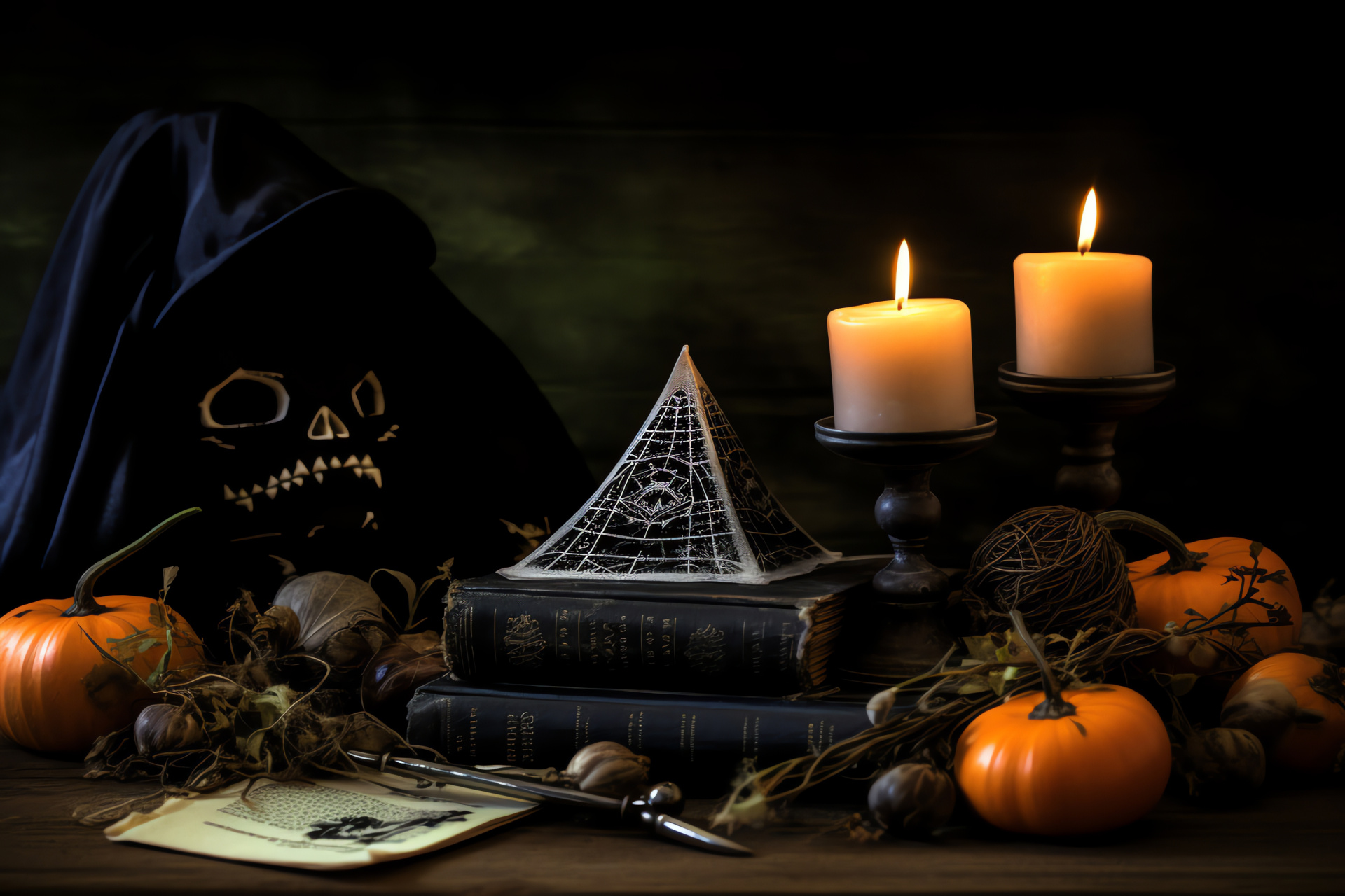 Witches' assembly on Halloween, Enchanted moonlit clearing, Magic candles glimmer, Supernatural witching hour ritual, Autumn sorcery, HD Desktop Wallpaper