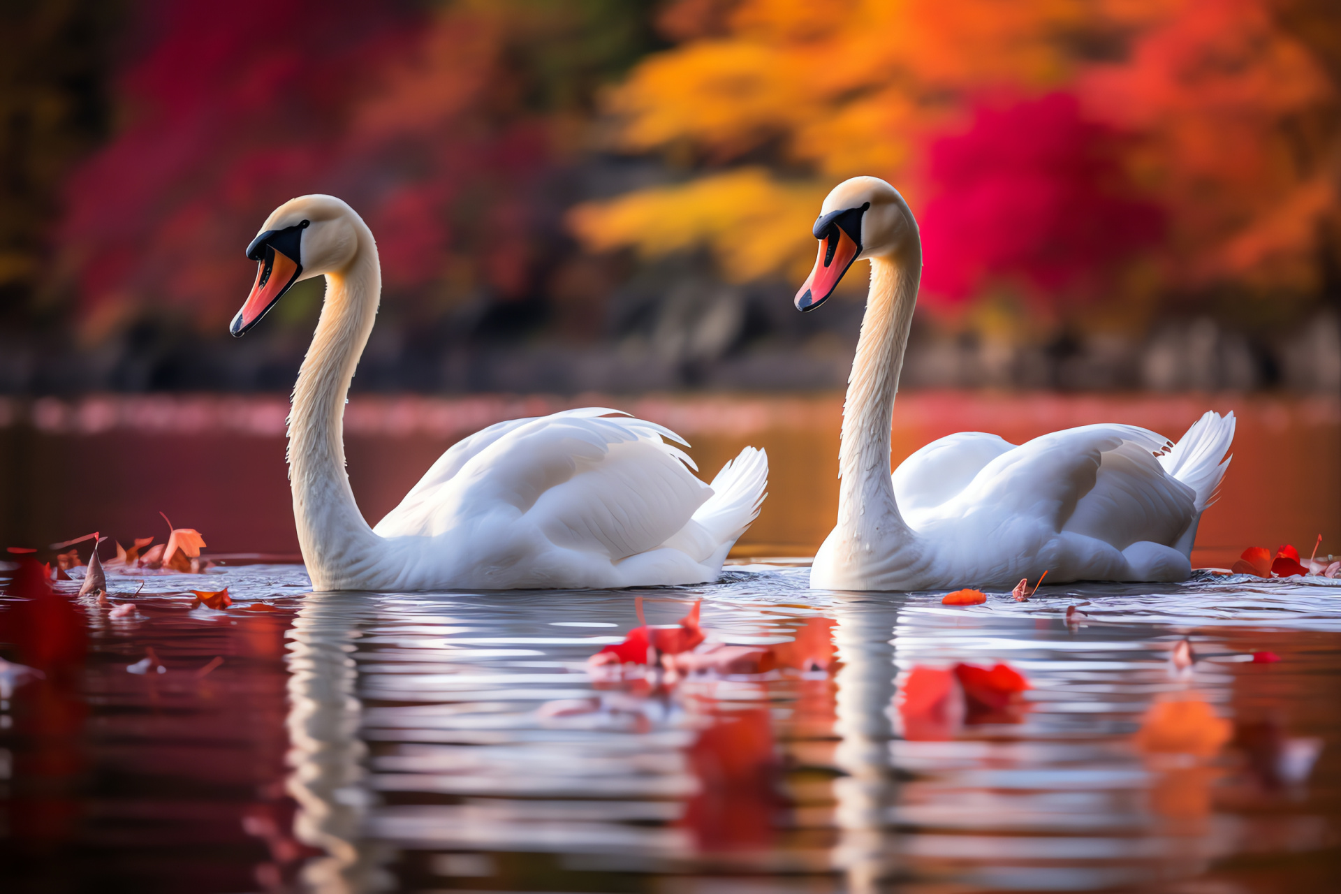 Swan species, Avian curvature, Plumage purity, Lenticular waters, Autumnal leaves, HD Desktop Image