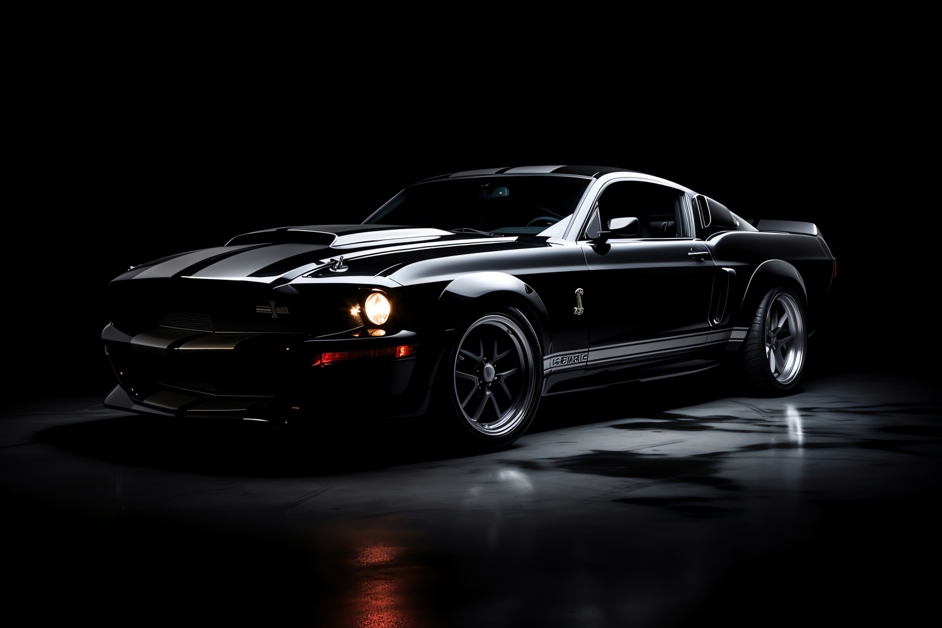 Mustang poise, Pitch-black canvas, Elevated car shot, Dominant posture, Automotive prowess, HD Desktop Wallpaper