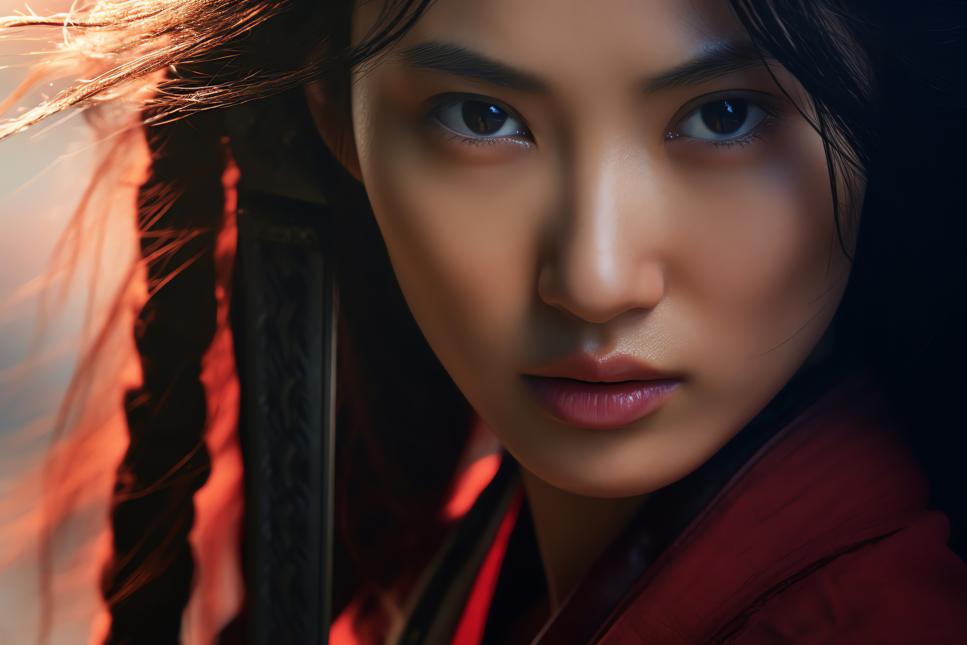 Mulan imagery, Steel blade, Heroine profile, Cinematic artwork, Dual-tone, HD Desktop Image