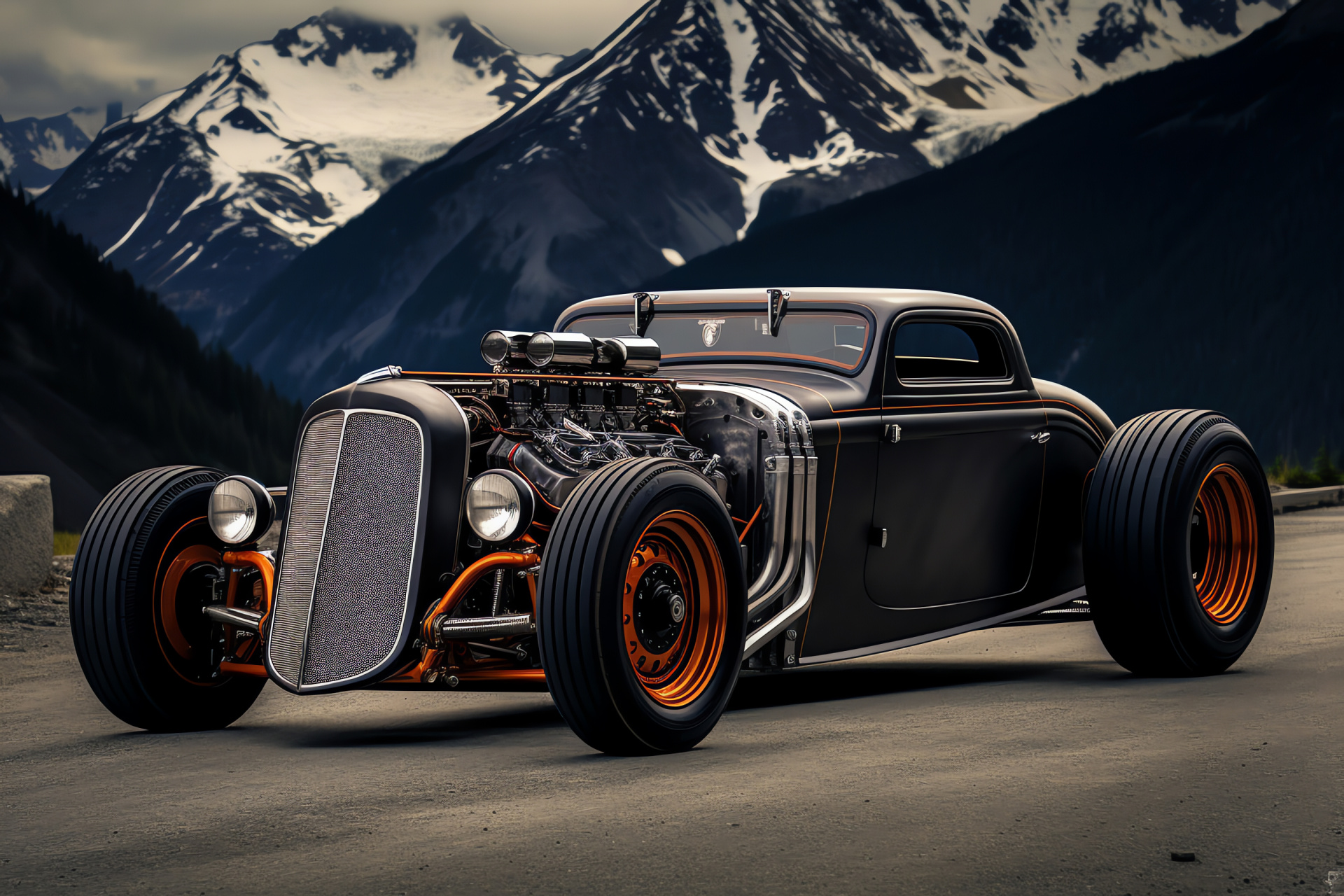 Rat Rod craftsmanship, Alpine scenery, Shiny metallic texture, Competitive striping, Tuned for performance, HD Desktop Wallpaper