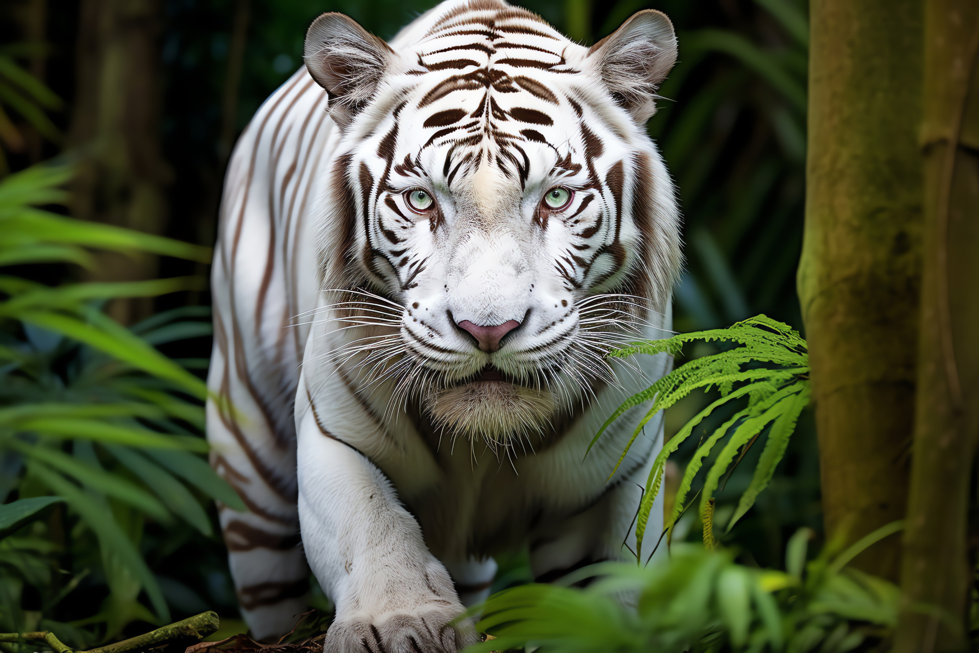 White Bengal Tiger, cerulean gaze, alabaster hide, sleek coverage, luxuriant verdure, HD Desktop Wallpaper