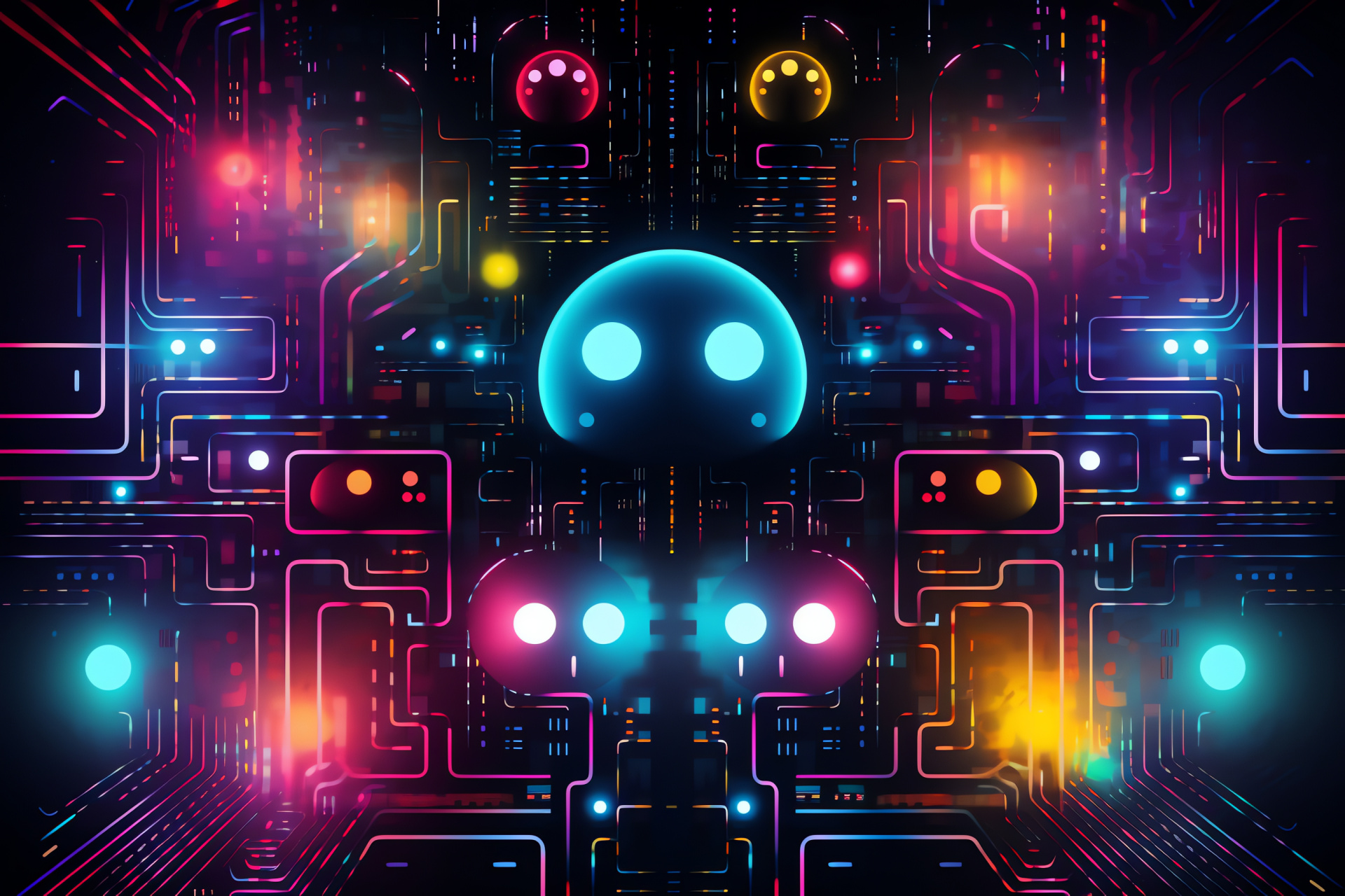 Classic Pacman game character, Arcade gaming mascot, Ghost chaser, Edible dots, Maze runner, HD Desktop Image