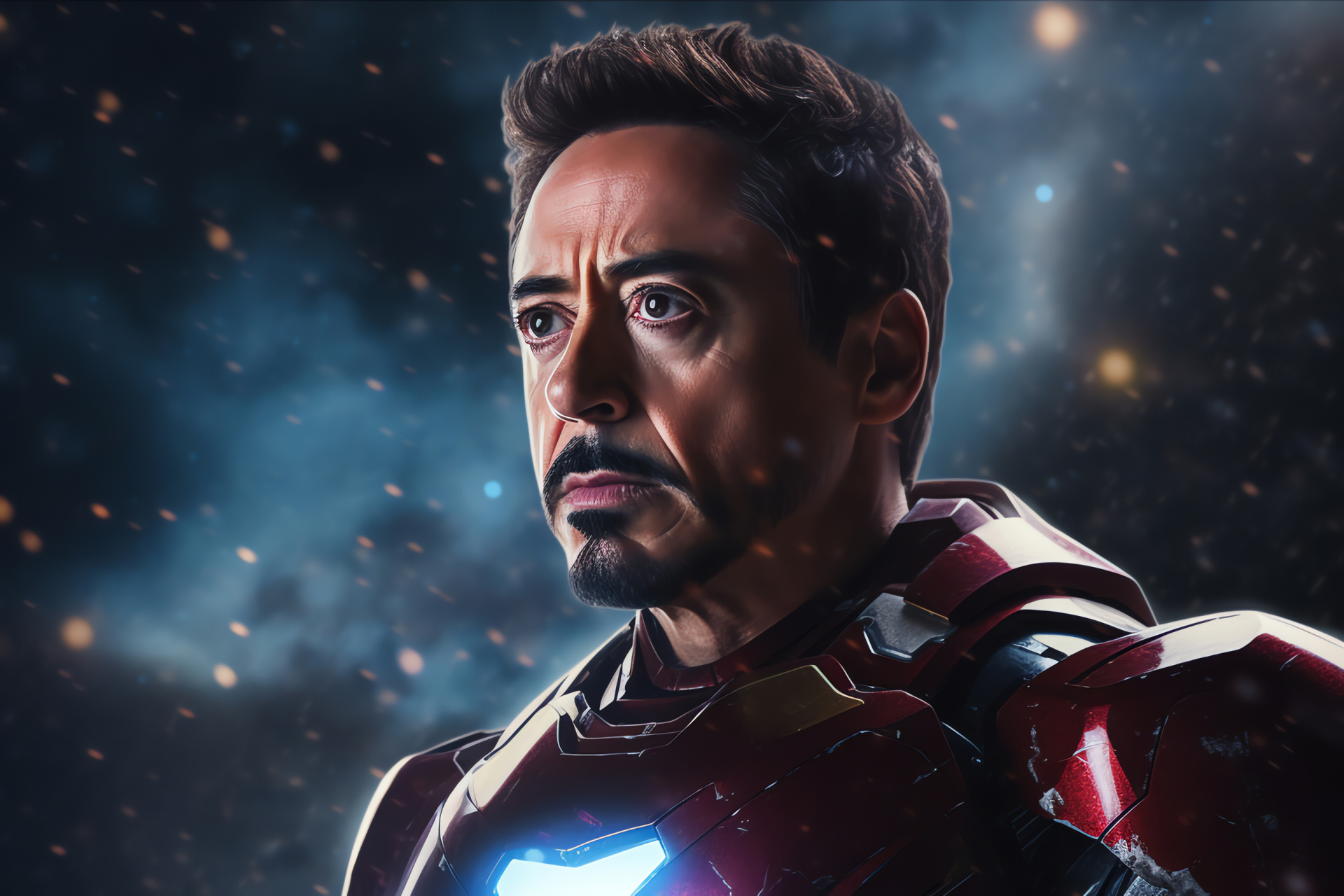 Tony Stark in action, Nocturnal flying scene, Advanced suit design, Celestial backdrop, Iron Man agility, HD Desktop Image