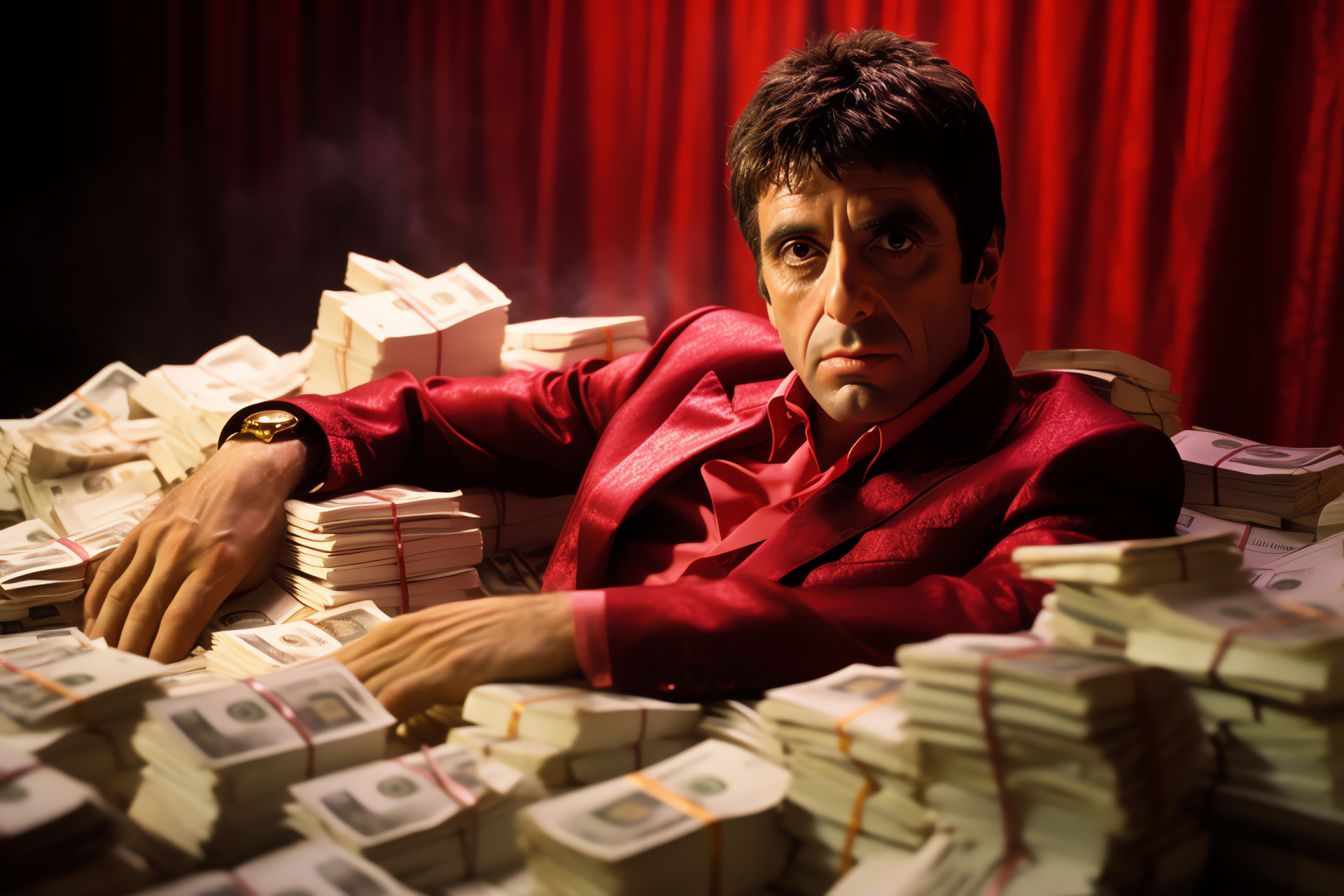 Character Tony Montana, Concealment venue, Money piles, Dimly illuminated space, HD Desktop Image