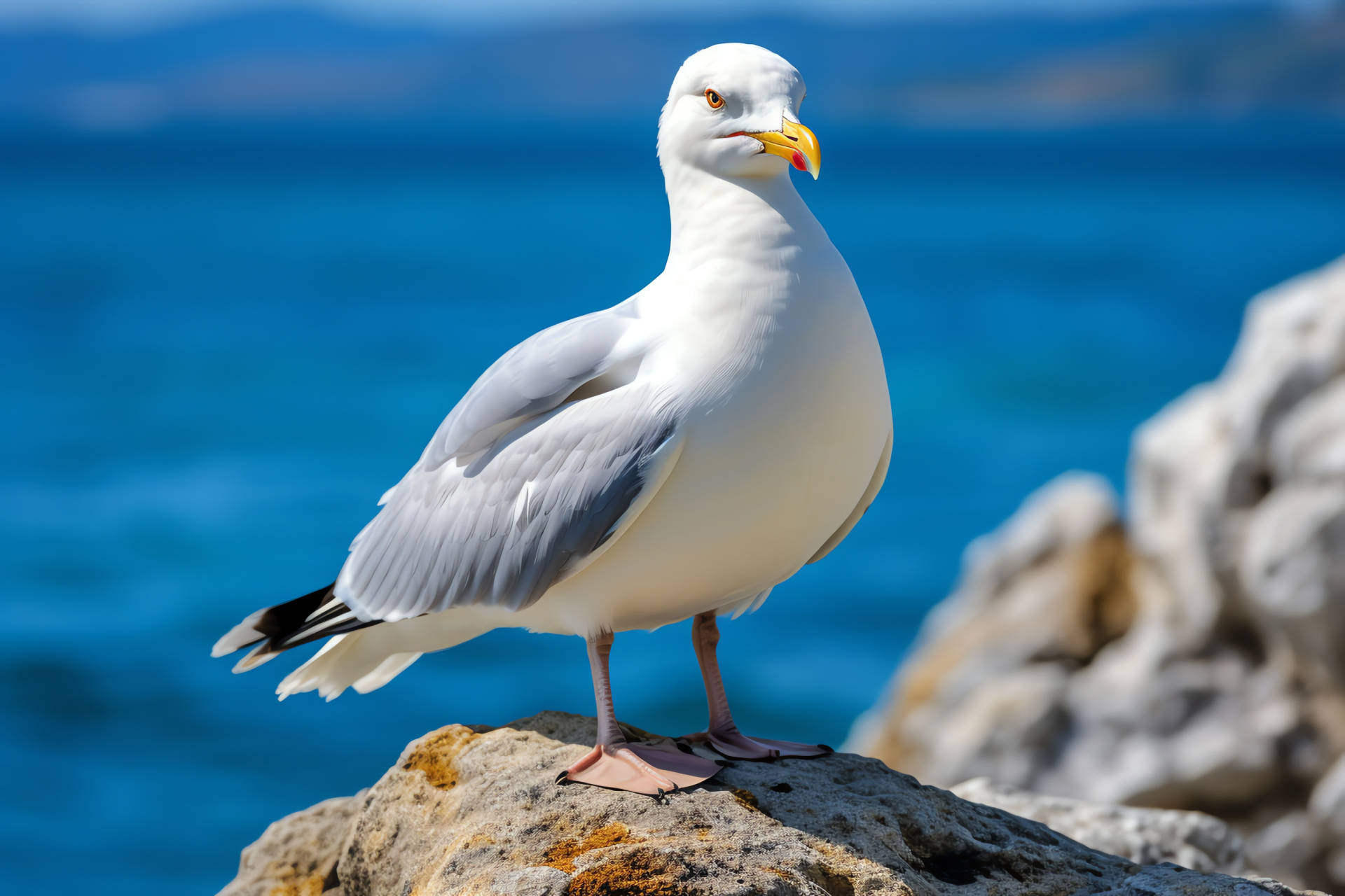Coastal Seagull, white feather detail, azure-eyed, rocky beach setting, detailed avian portrait, HD Desktop Wallpaper