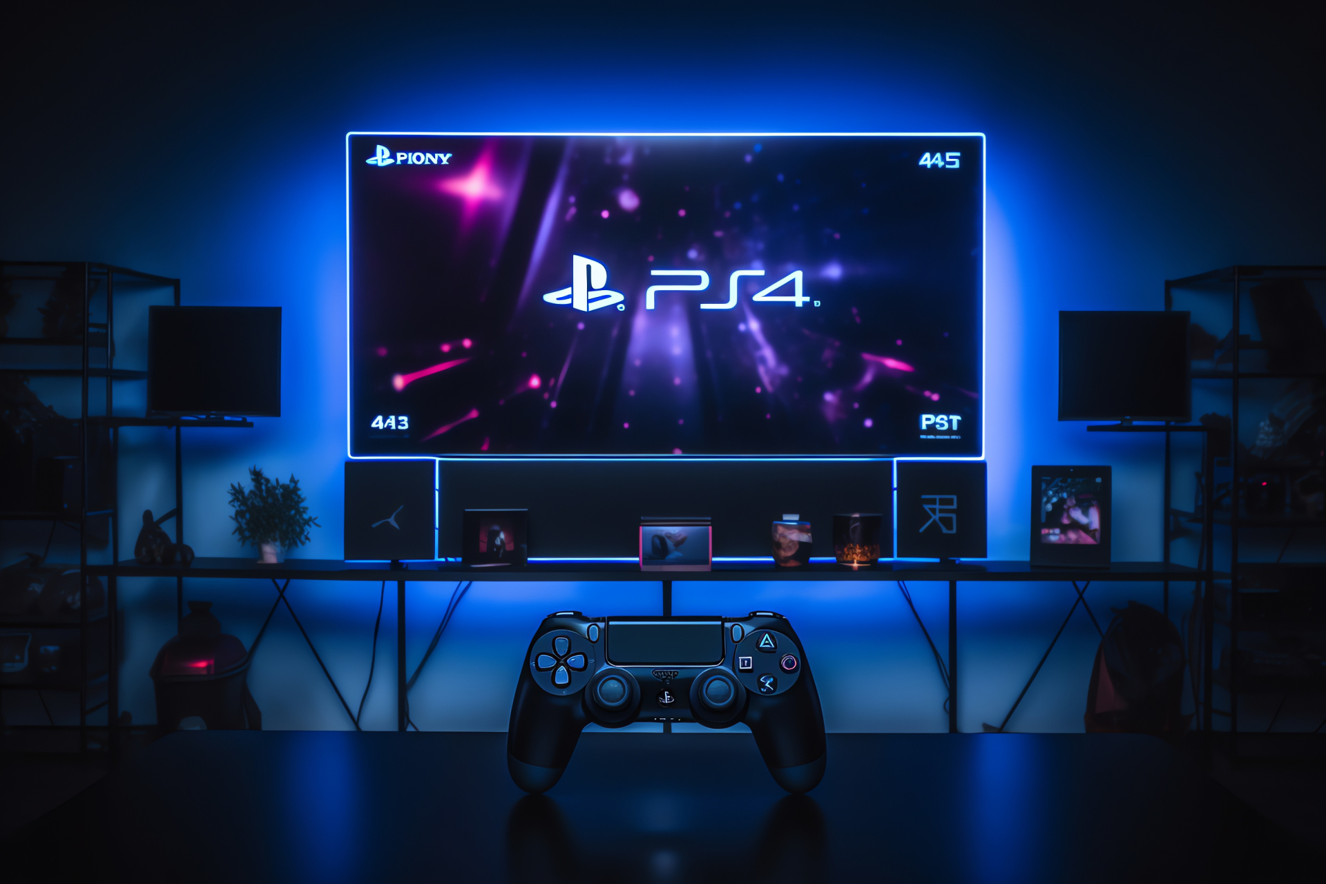 Entertainment PS4 symbol, Gaming environment, Sony logo display, Television contrast, Monochrome palette, HD Desktop Wallpaper