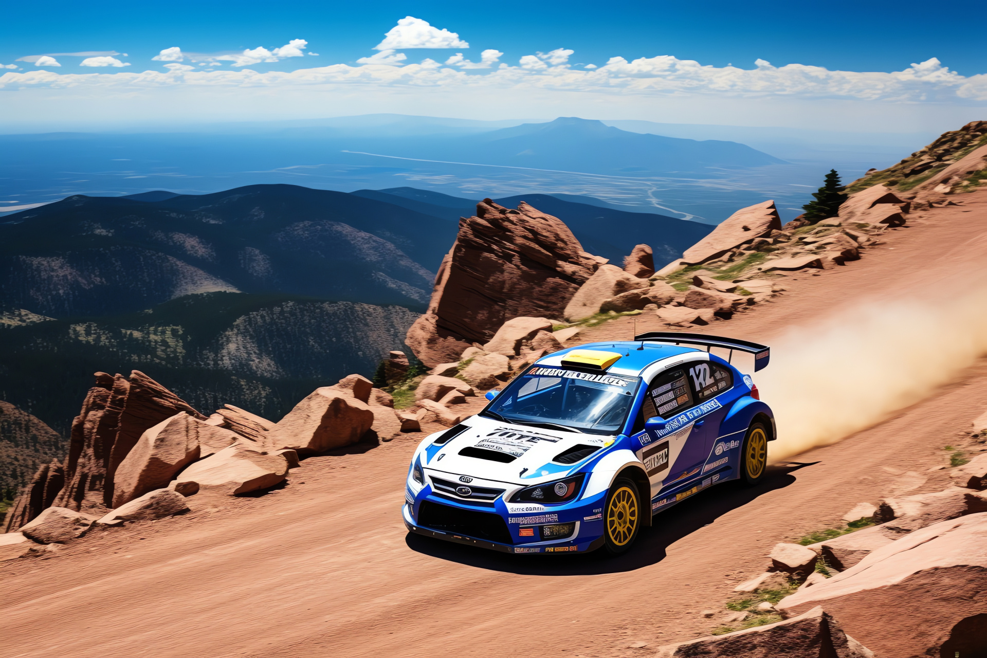 Pikes Peak Rally event, summit view, auto racing highlight, blue sky clarity, majestic mountain range, HD Desktop Image