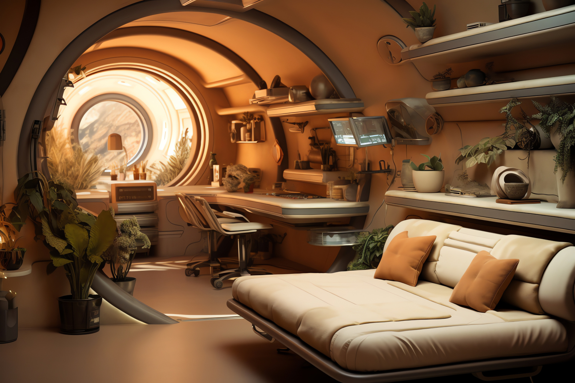 Orbital habitat, Space crew dwelling, Astro pioneers, Interior visual shot, Cozy cabin palette, HD Desktop Wallpaper