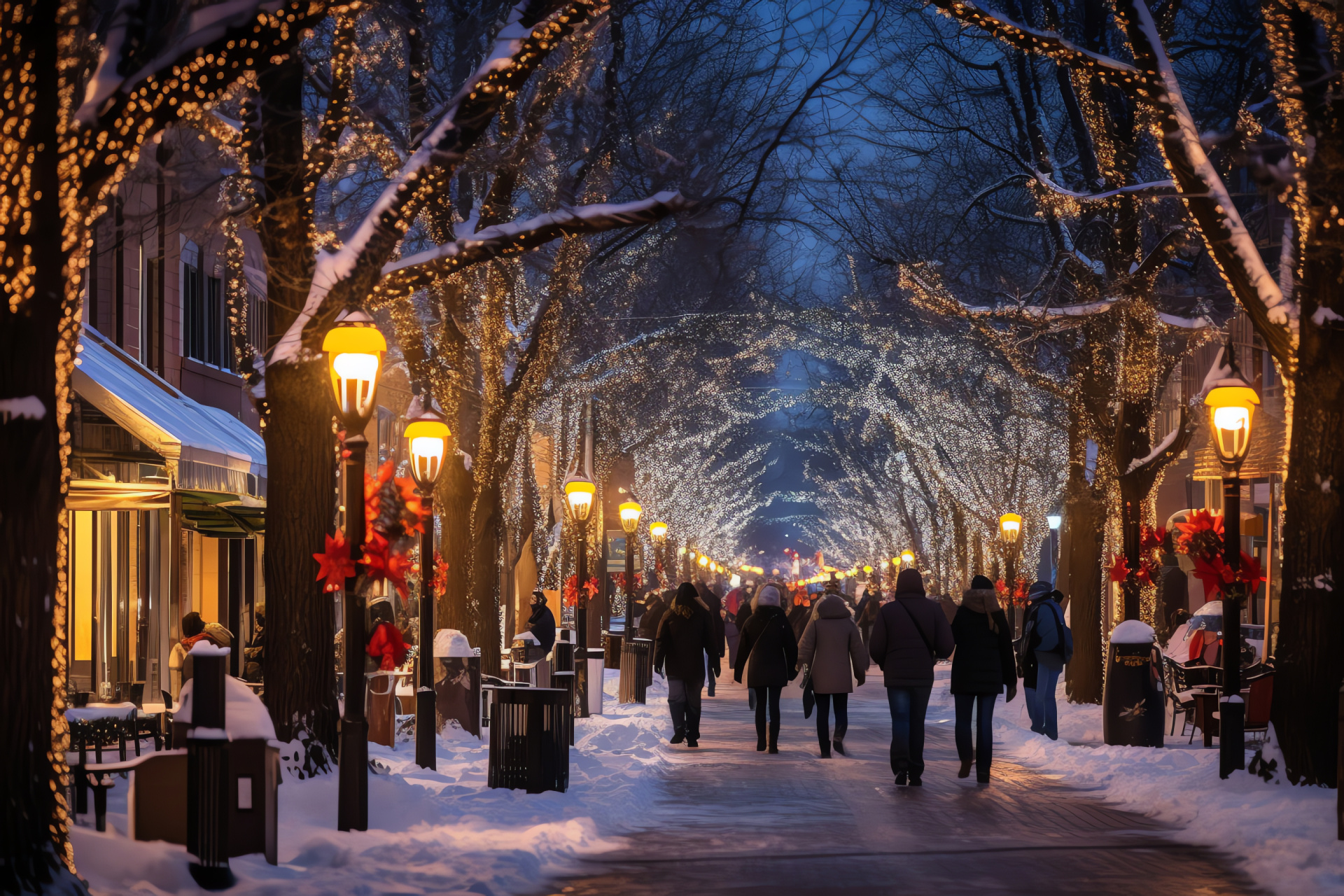 Evening holiday lighting, snowy city ambiance, lively urban thoroughfare, winter attire clad pedestrians, seasonal merriment, HD Desktop Wallpaper