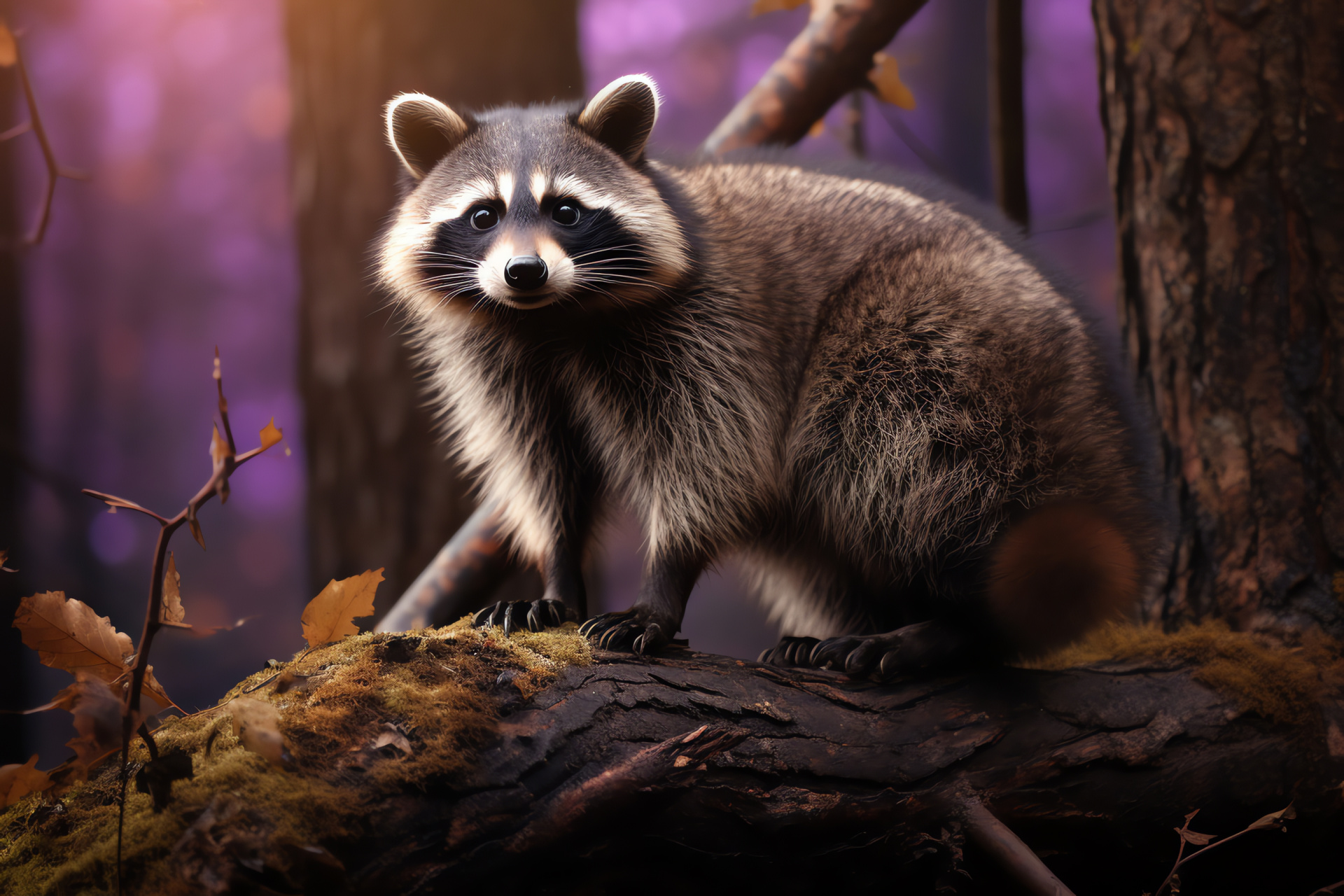 Graceful raccoon, amethyst gaze, plush fur, nocturnal animal, shaded surroundings, HD Desktop Image